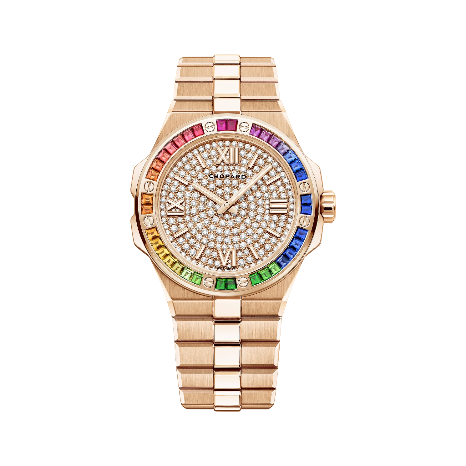 Chopard Alpine Eagle 18K Rose Gold Watch with Multi-Colored Sapphires & Diamonds - Luxury Unisex Timepiece for Business, Gala Events & Special Occasions