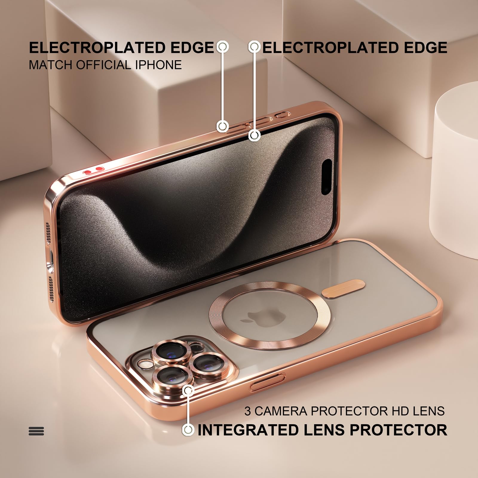 Misea Magnetic iPhone 15 Pro Max Case with MagSafe - Military Grade Drop Protection, Anti-Yellowing Clear Cover, Full Camera Lens Protector - Perfect for Women & Girls (Gold) | Everyday Protection & Stylish Design for Work, Travel & Social Outings