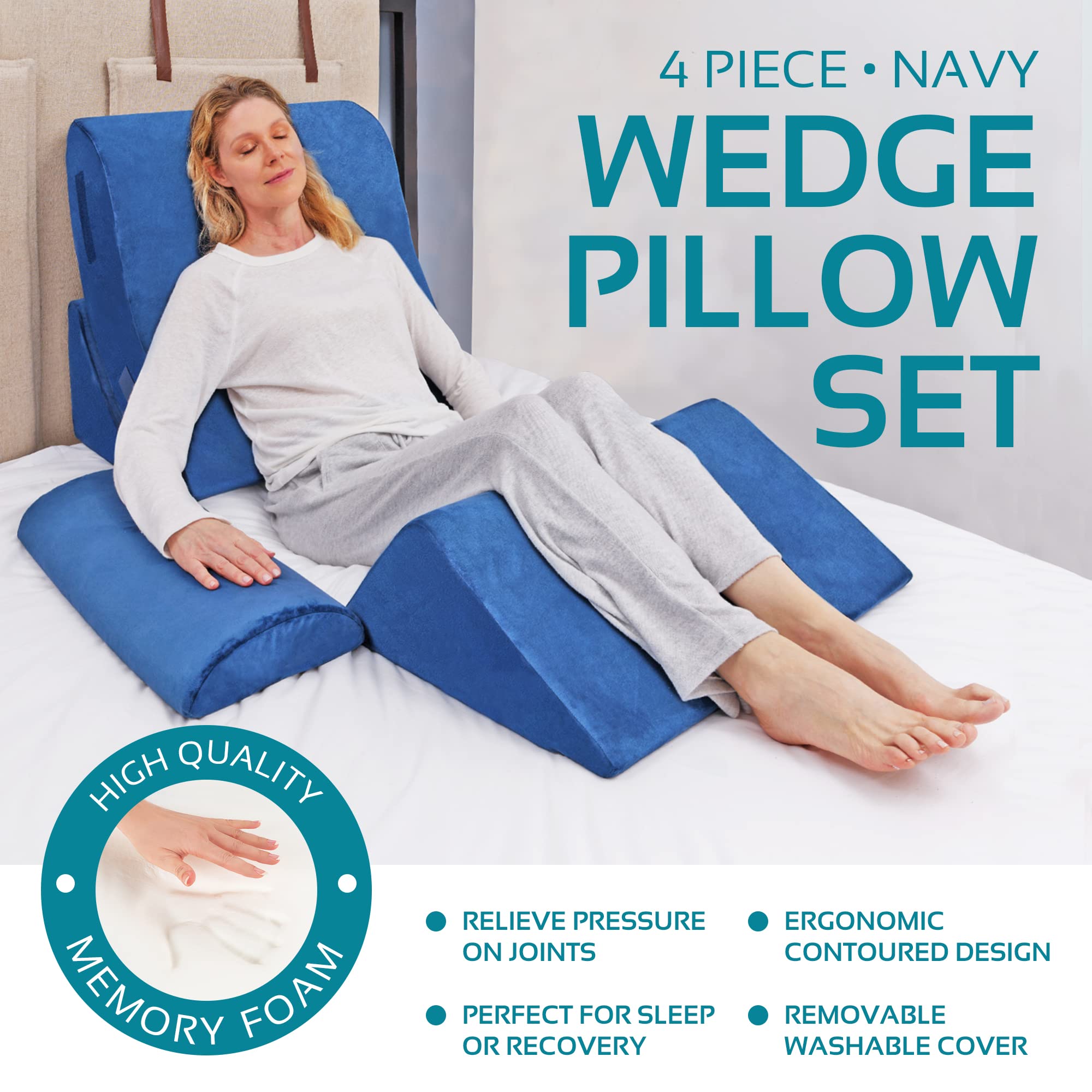 AllSett Health 4-Piece Orthopedic Bed Wedge Pillow Set with Memory Foam - Multi-Angle Support for Back, Neck, Shoulder & Leg Pain Relief - Machine Washable Cover - Perfect for Sleeping, Reading & Post-Surgery Recovery