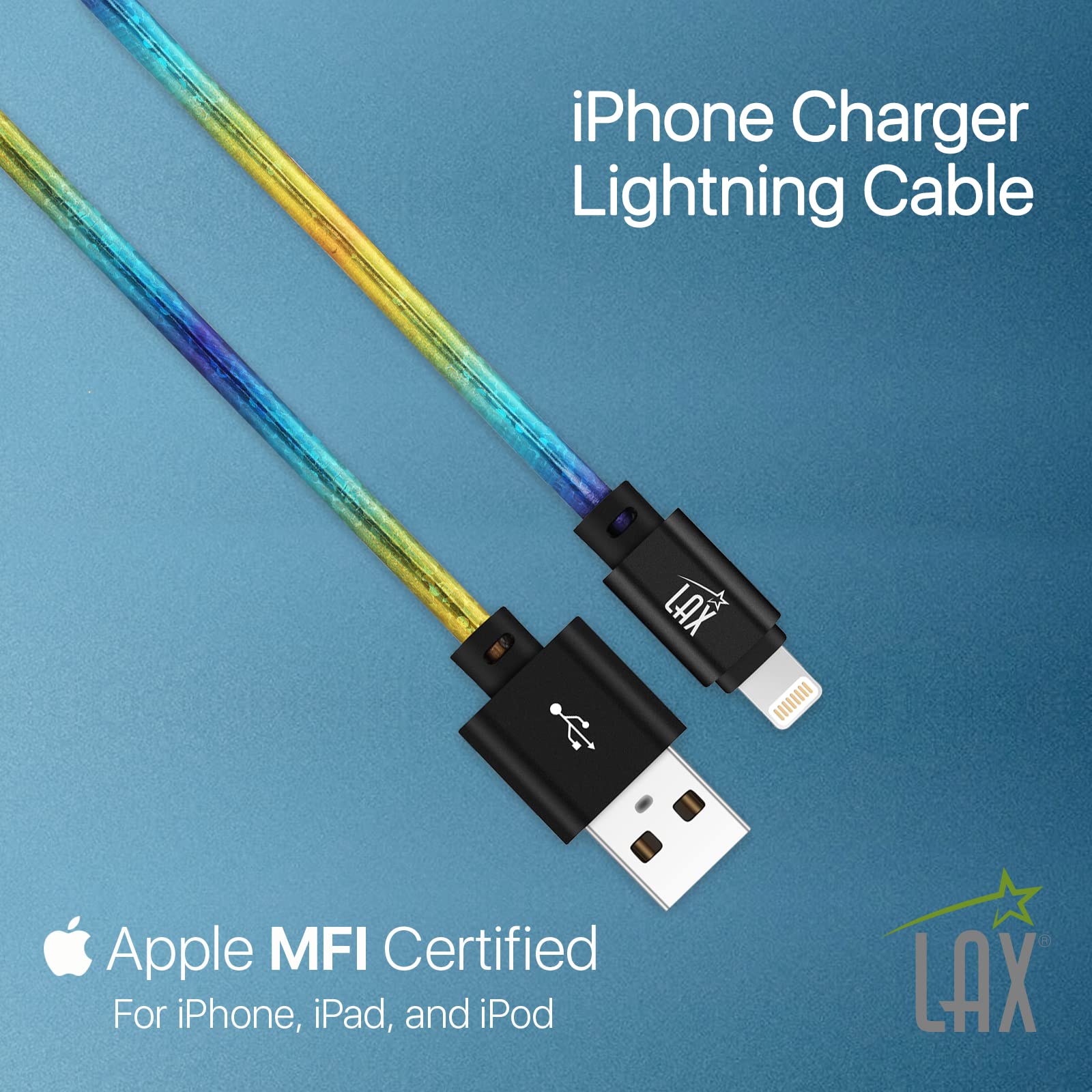 LAX Gadgets USB A to Lightning Cable - Apple MFI Certified Fast Charging Cable for iPhone, iPad, iPod - 6ft Glitter Rainbow Premium Stitched Design - Perfect for Home, Office & Travel Charging