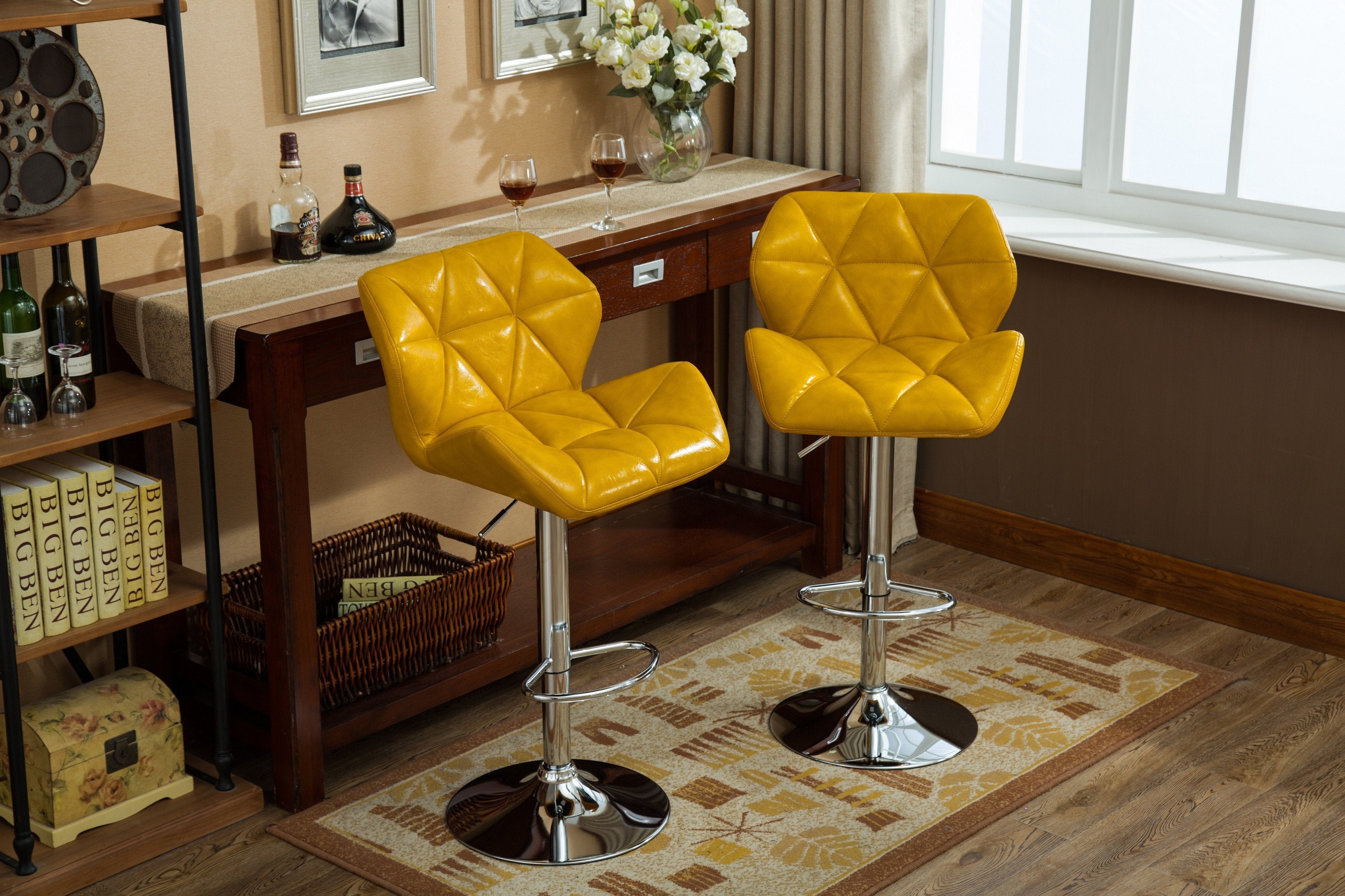 Roundhill Furniture Glasgow Contemporary Tufted Adjustable Height Hydraulic Bar Stools, Set of 2, Yellow - Perfect for Kitchen Islands, Home Bars & Modern Dining Areas