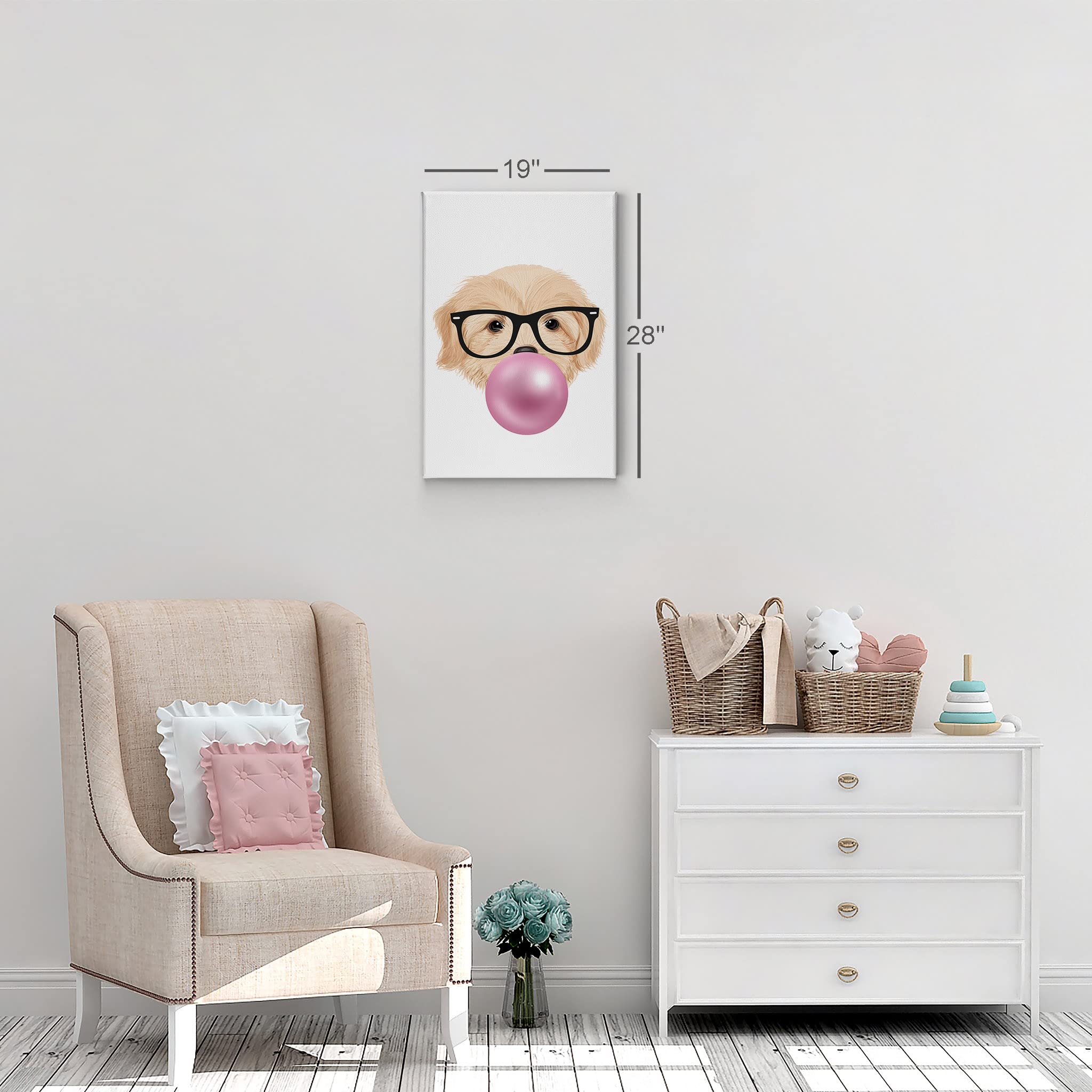 Golden Retriever Puppy Portrait with Glasses Chewing Bubble Gum - Canvas Wall Art Print for Dog Lovers - Perfect for Living Room, Bedroom, Nursery & Kids Room Decor - 36x24 Inches - Funny Pet Gift Idea for Dog Owners & Animal Lovers