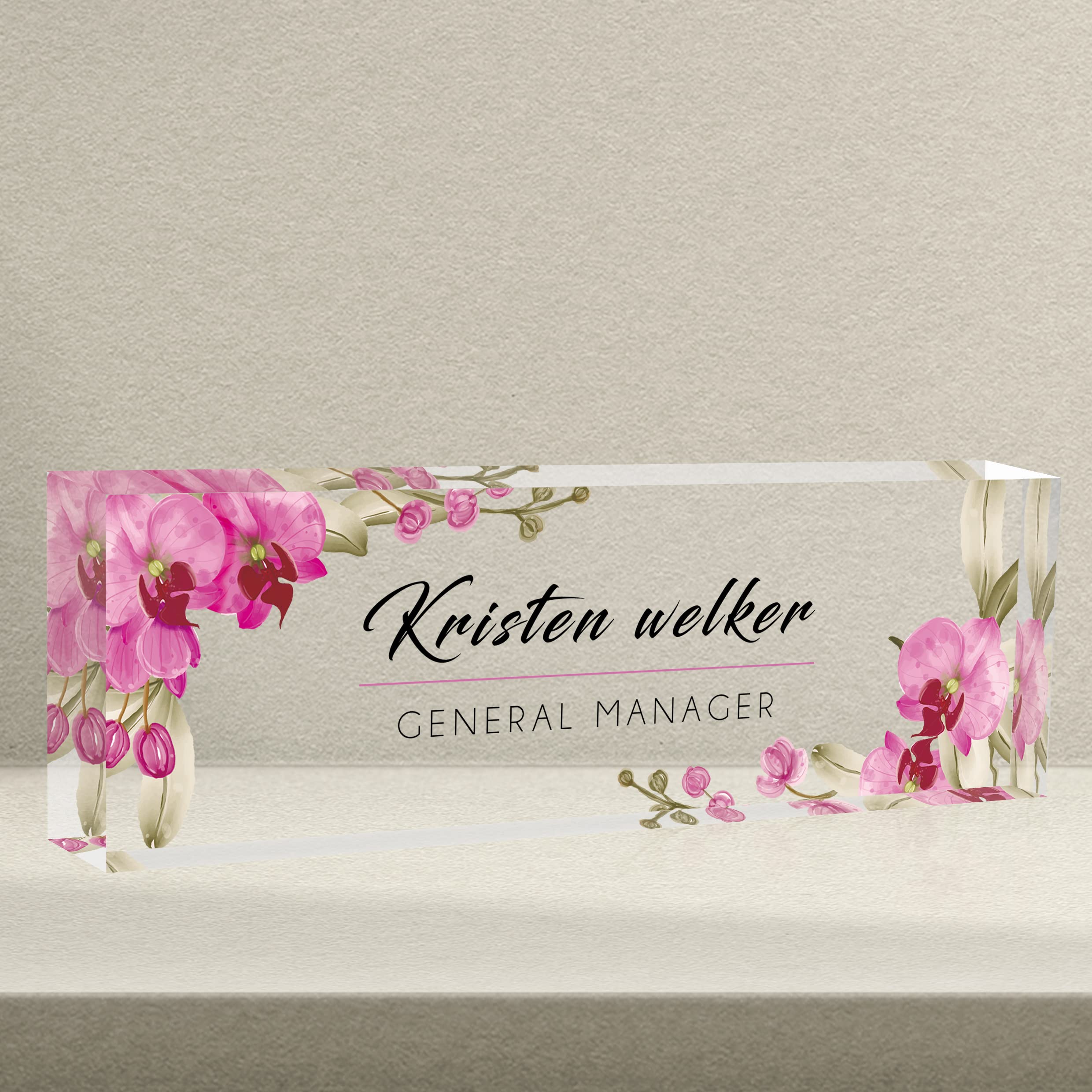 Personalized Acrylic Desk Name Plate with Butterfly Orchid Design - Custom Office Name Sign for Coworkers, Boss, Employee & Teacher - Elegant Desk Decor for Women & Men | Perfect for Office, Home Workspace & Gift Giving