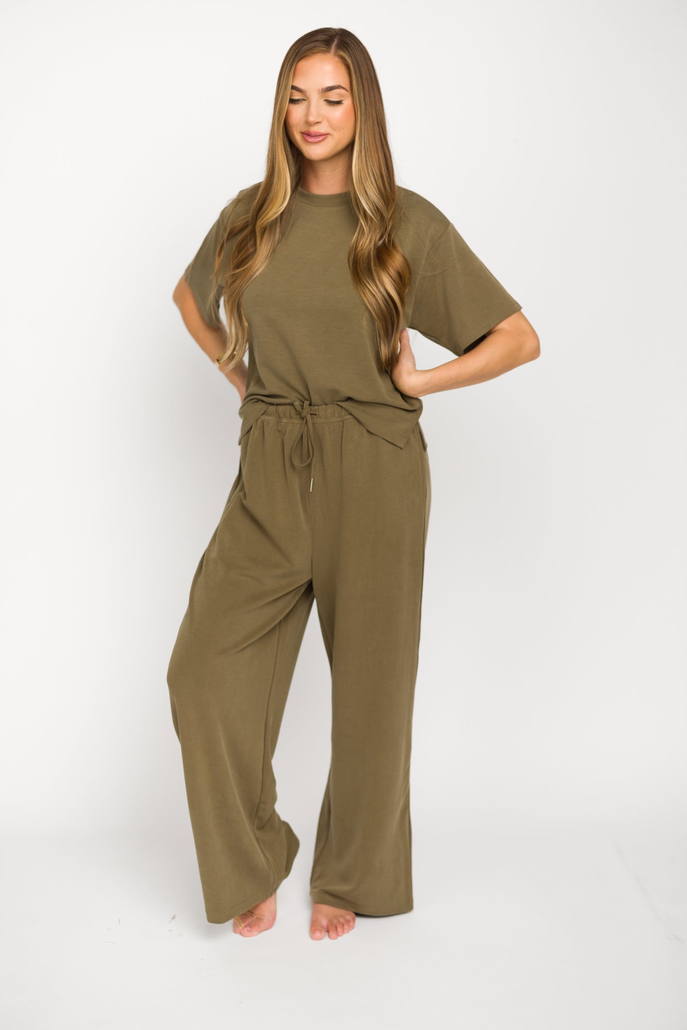 Macy Loose Fit T-Shirt & Wide Leg Pant Set - Women's Casual Sage Green Outfit for Lounge, Yoga & Everyday Wear