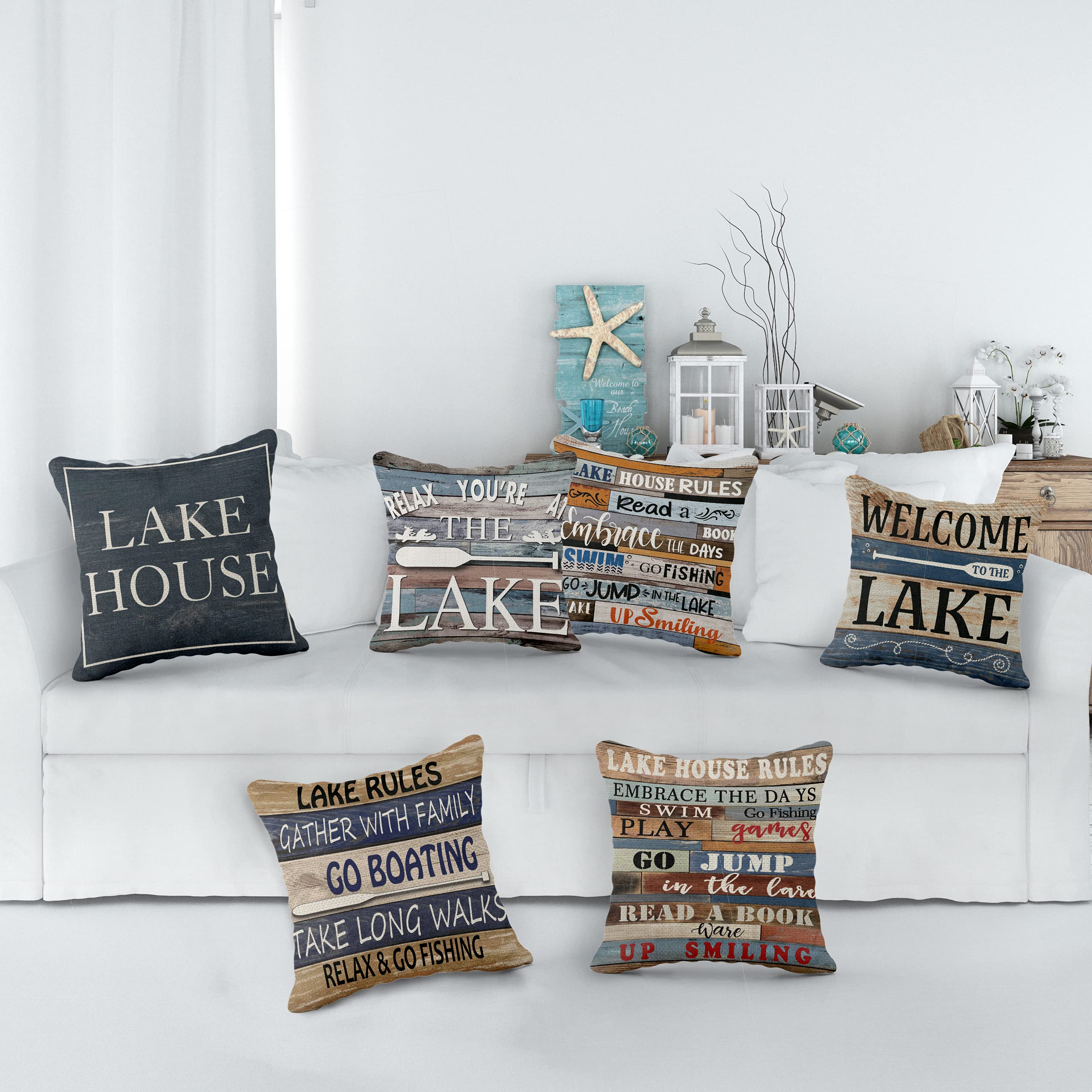 Lake Themed Throw Pillow Covers Set of 6 - 18x18 Inch Decorative Couch Cushions for Sofa, Bed & Living Room - Perfect for Lake House Decor, Cabin Style & Coastal Home Accessories
