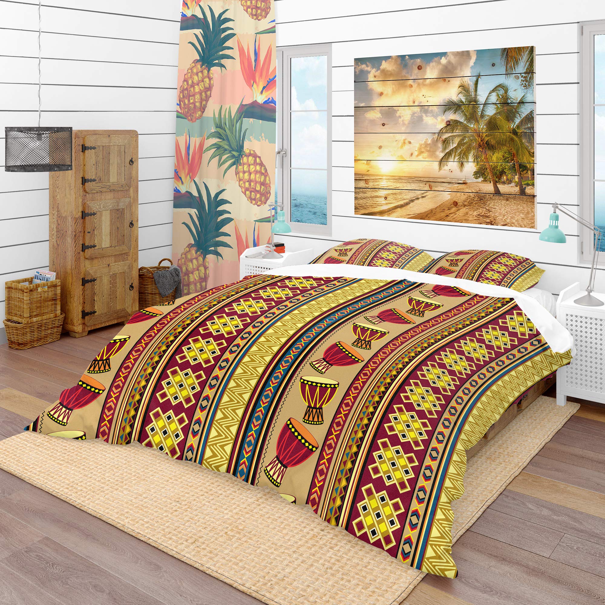 DesignQ African Drum Print Tropical Duvet Cover Set - Queen Size Bedding with Pillowcases - Vibrant Ethnic Home Decor for Boho Bedroom & Dorm Room