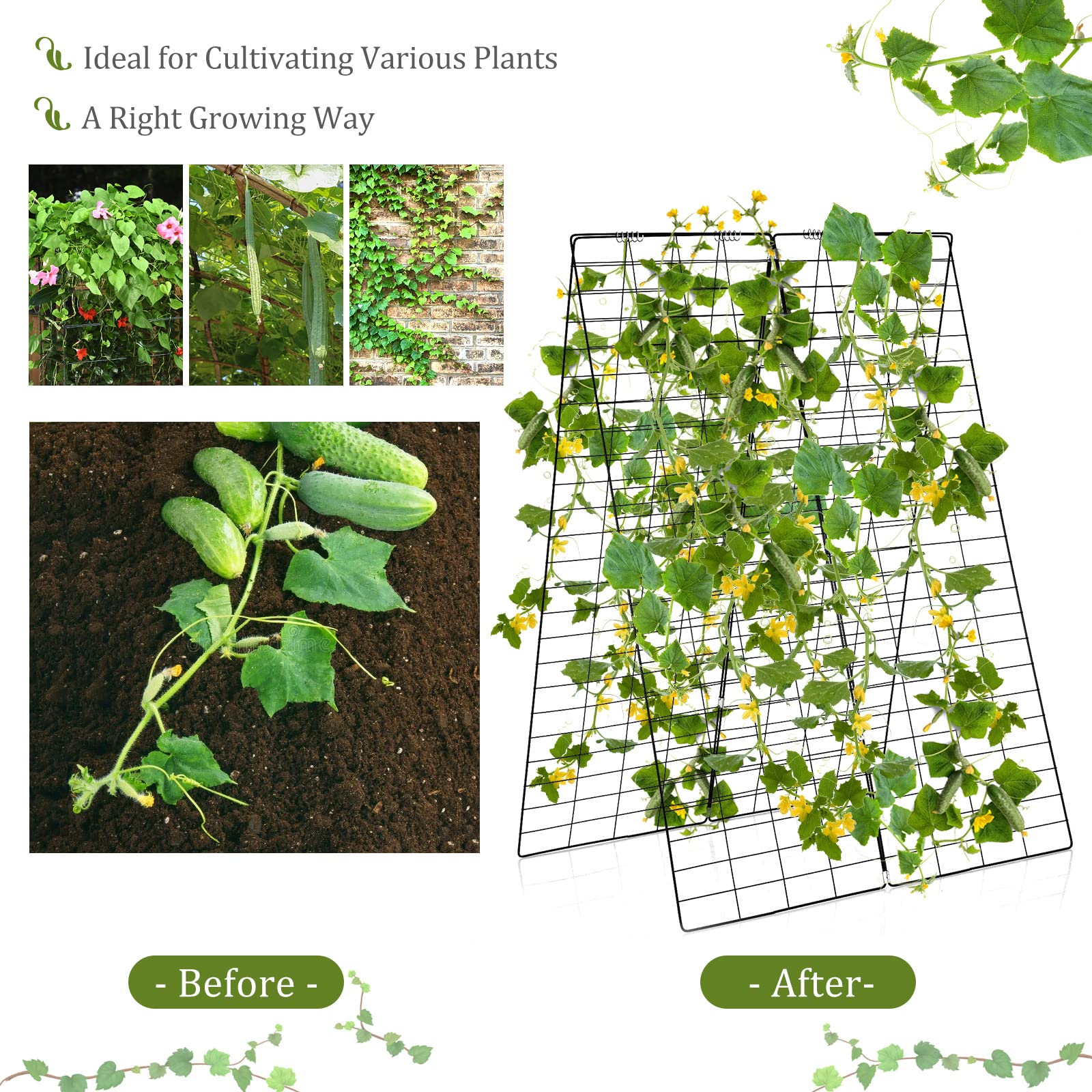 48 x 34 Inch Foldable A-Shape Cucumber Trellis for Garden - 8 PCS Plant Support with 18 Clips, 16 Stakes, 8 Spiral Connectors, 12 Cable Ties - Perfect for Climbing Plants, Vegetables, and Vines in Outdoor Gardens, Backyards, and Greenhouses