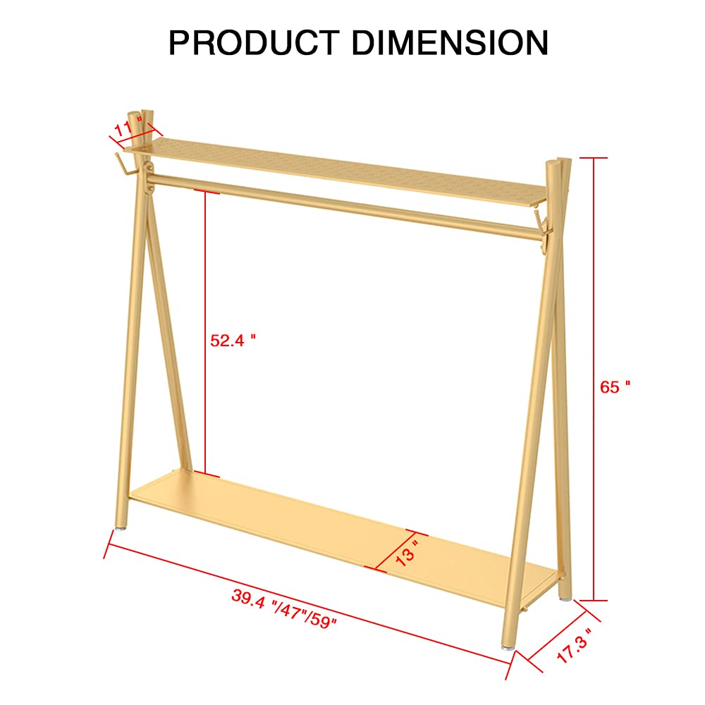 MAIKAILUN Heavy Duty Freestanding Industrial Gold Clothes Rack with Double Shelves - 47 Inch Movable Coat Rack for Organizing Clothes, Shoes, Jackets - Perfect for Bedroom, Closet, Laundry Room or Retail Store Display
