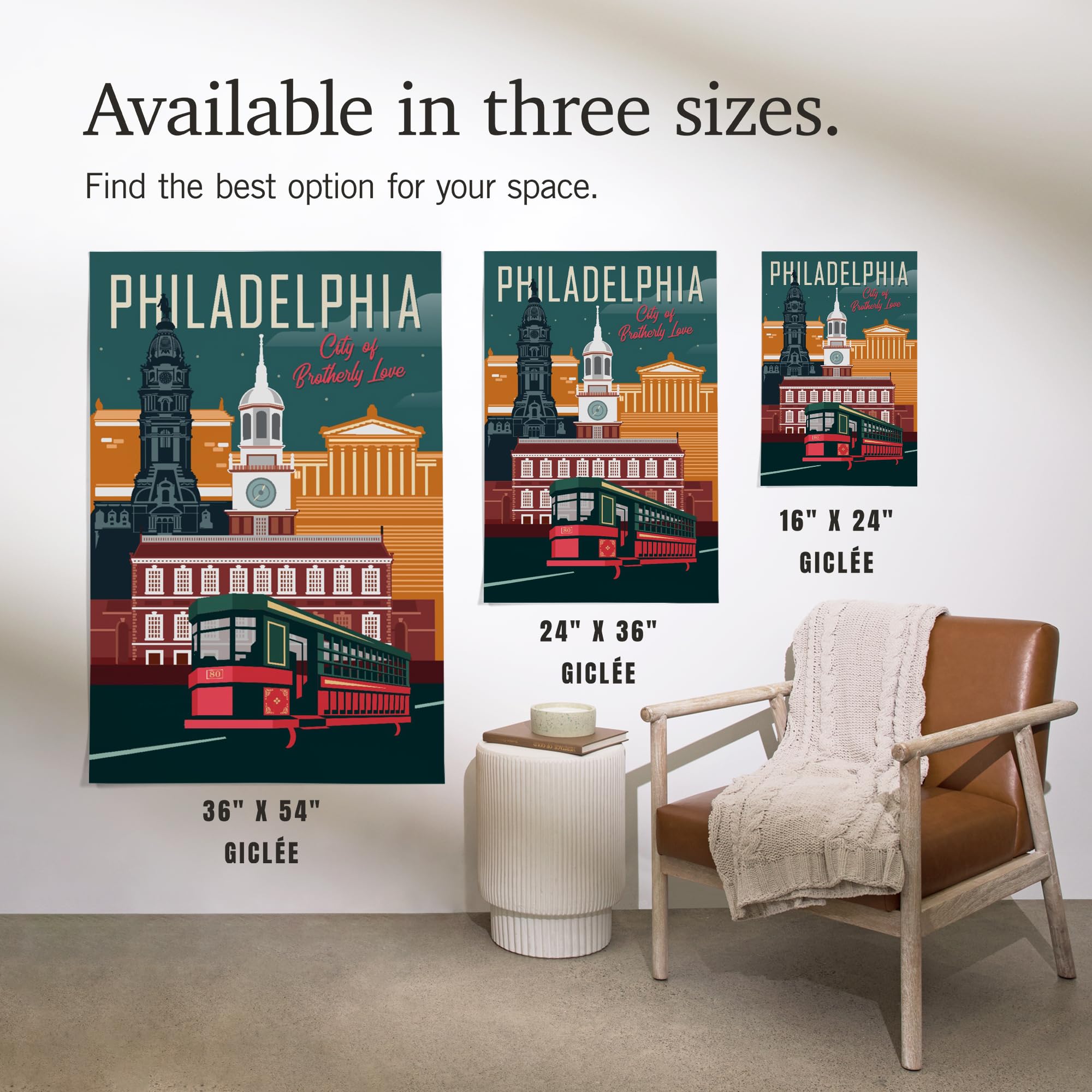 16x24 Inch Giclee Print of Philadelphia Pennsylvania - City of Brotherly Love with Vector Art Trolley - Perfect for Home Decor, Office Wall Art & Gift Ideas