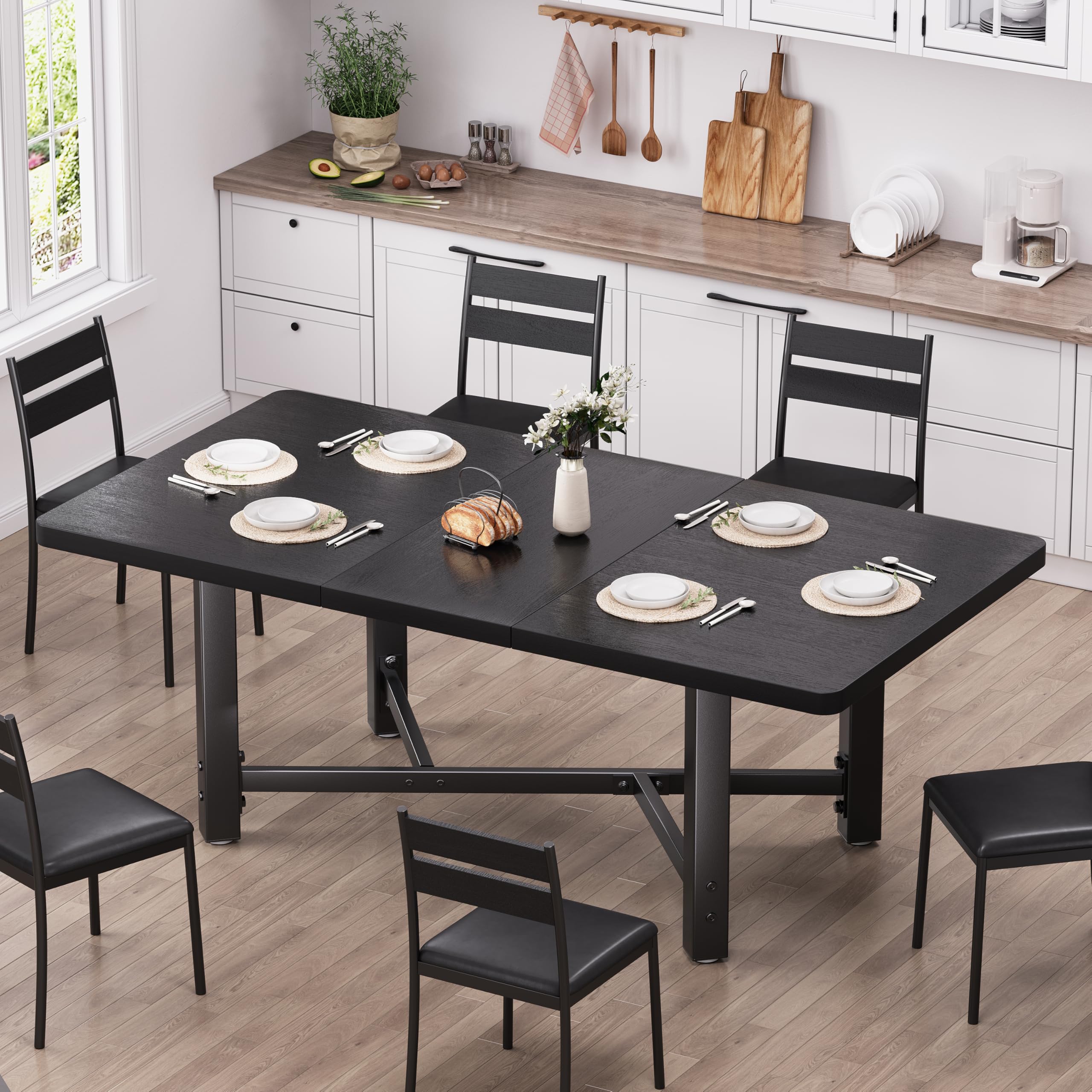 Extendable Wood Dining Table for 4-6 People, Space Saving Kitchen & Dining Room Table Set, Modern Black Wooden Dinner Table for Small Spaces - Perfect for Family Meals, Dinner Parties & Compact Apartments