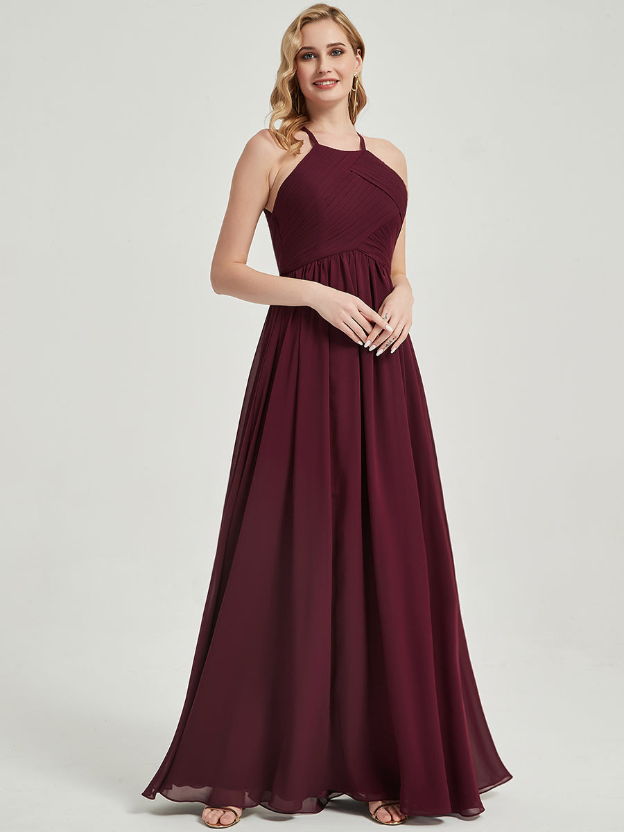 Elegant Burnt Orange Halter Pleated Keyhole Back Chiffon Bridesmaid Dress - Perfect for Weddings, Formal Events & Special Occasions