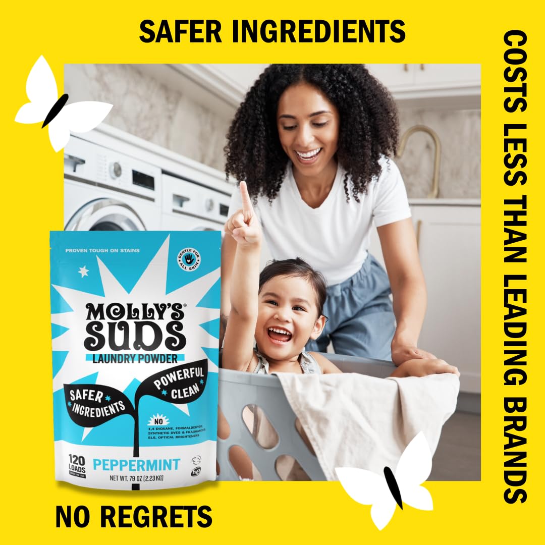 Molly's Suds Original Laundry Detergent Powder for Sensitive Skin - Natural, Stain-Fighting Formula with Peppermint | 120 Loads | Ideal for Babies, Allergies & Eco-Friendly Homes
