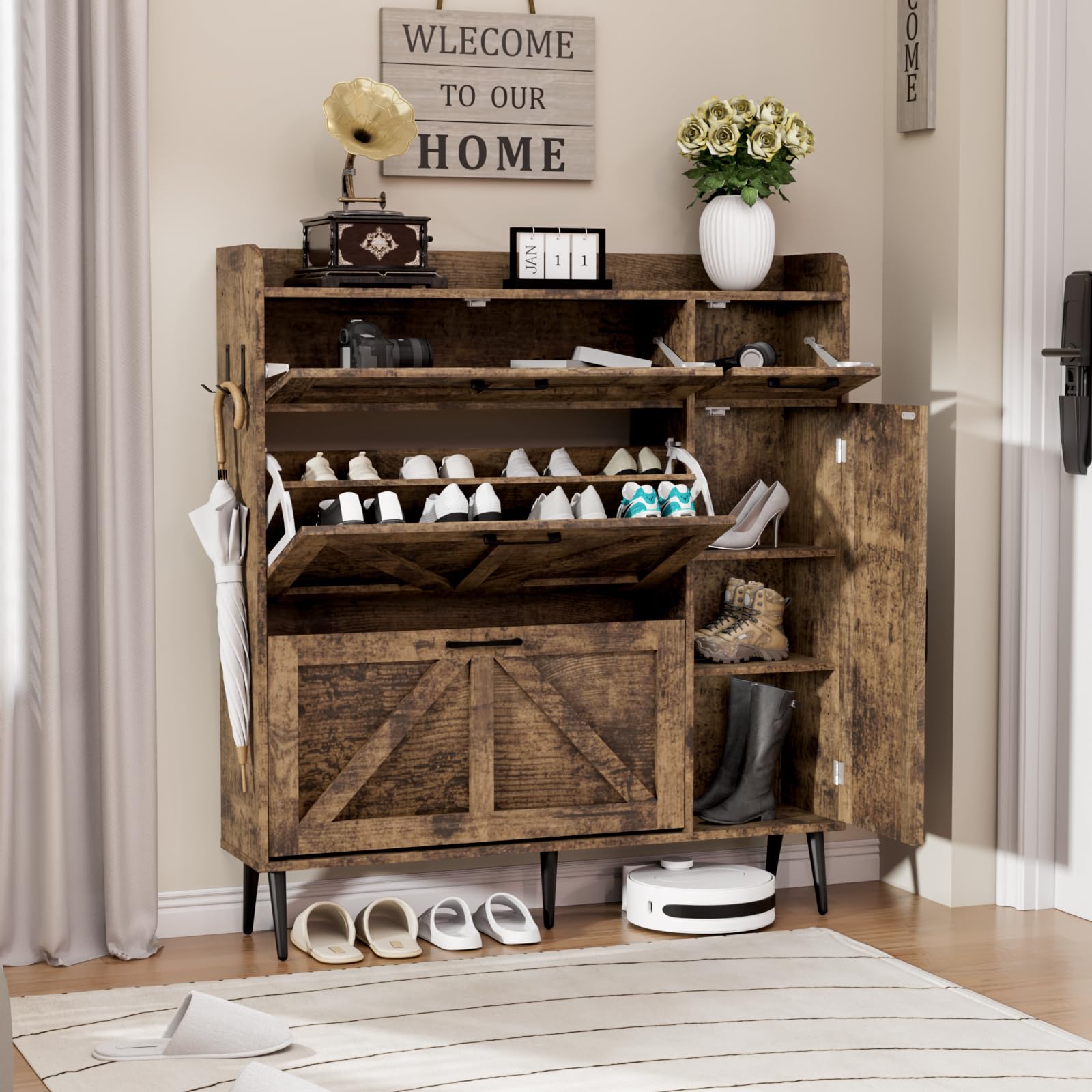 Farmhouse Shoe Storage Cabinet with 2 Flip Drawers & Adjustable Shelf - Rustic Brown Wooden Entryway Organizer with Barn Door & Metal Legs | Perfect for Small Spaces, Hallway, Mudroom & Closet Shoe Organization