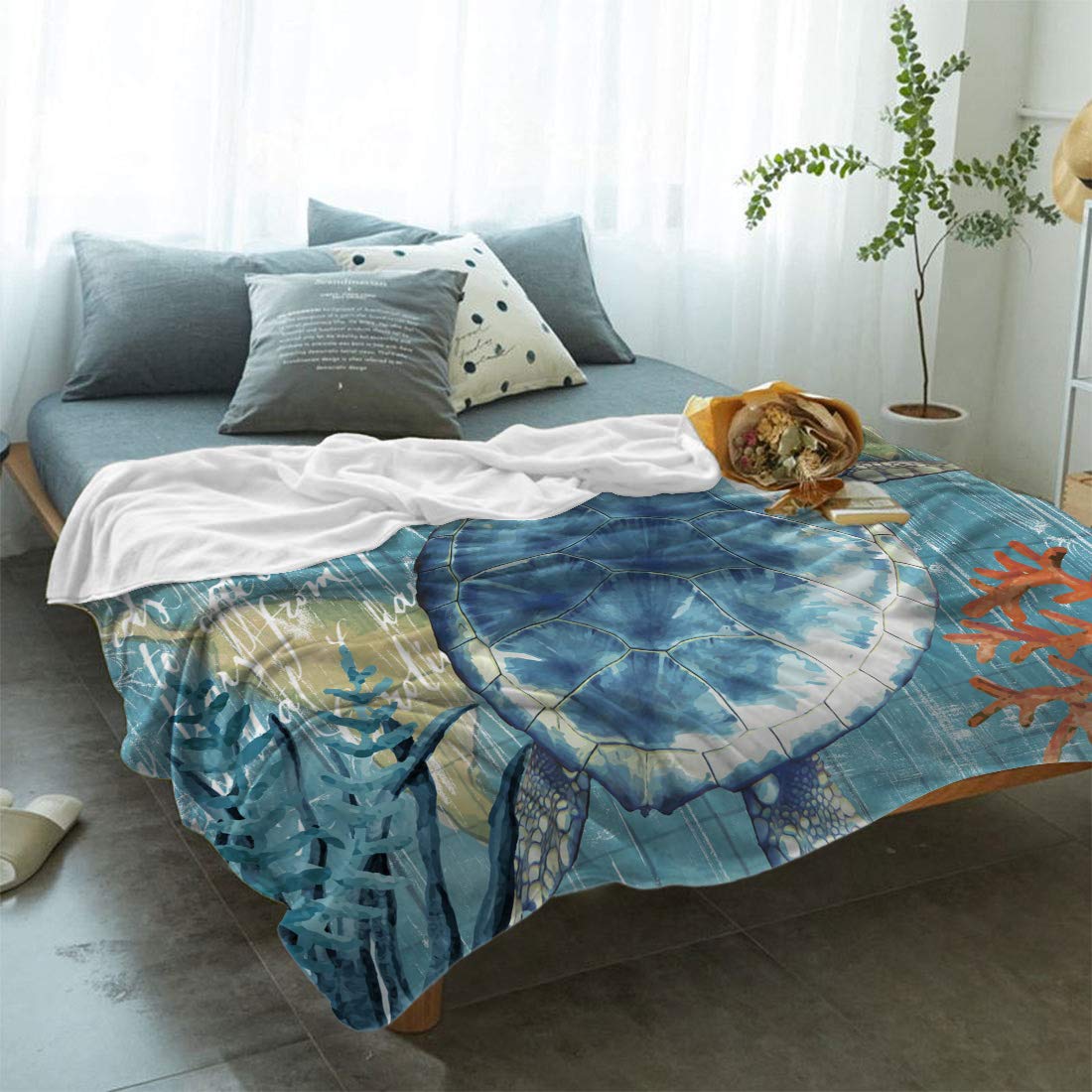 Premium Ultra Soft Microfiber Plush Throw Blanket - Twin Size (39x49 Inches) Nautical Sea Turtle Design - Cozy All-Season Blanket for Kids & Adults - Perfect for Bed, Sofa, Travel and Gift Giving