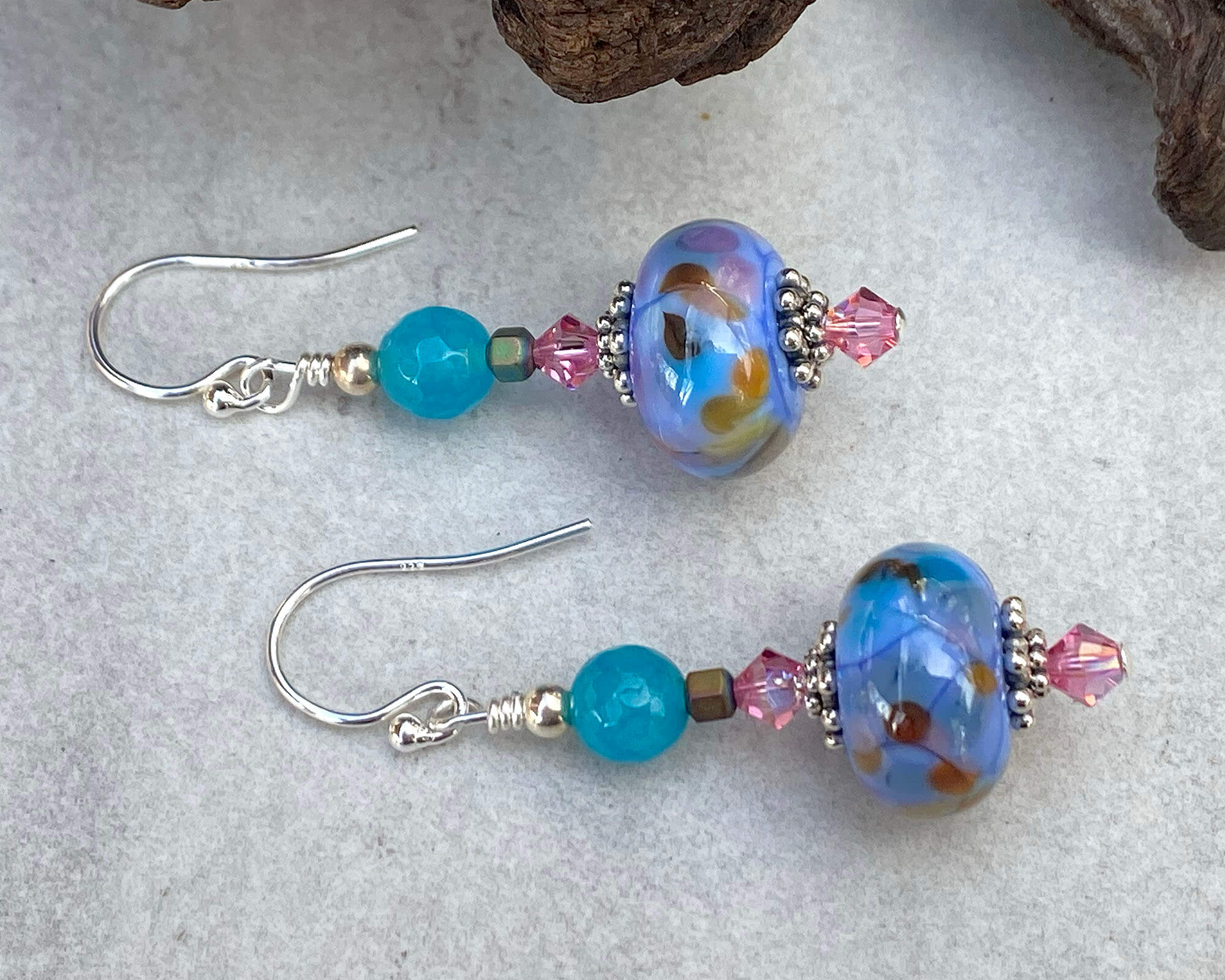 Periwinkle Blue Agate Lampwork Earrings – Handmade Beaded Dangle Earrings for Women | Boho Chic Jewelry Gift for Birthday, Wedding & Party Accessories