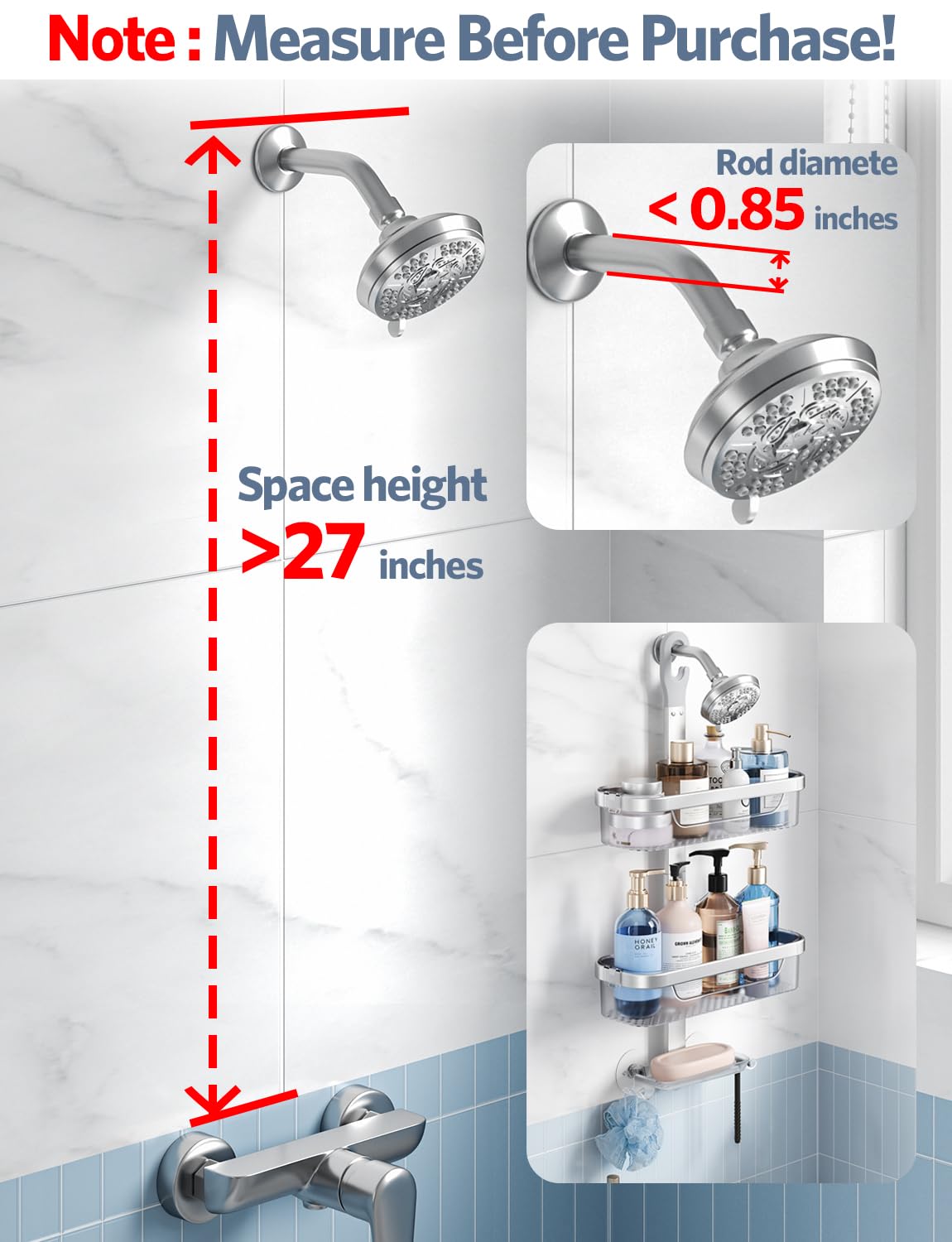 LAMU Adjustable Shower Caddy Hanging Organizer - 3-Tier Rust-Proof Aluminum Alloy + ABS Bathroom Storage with Hooks, Razor Holder & Soap Dish - Perfect for Small Spaces, Apartment & Dorm Showers (Silver)