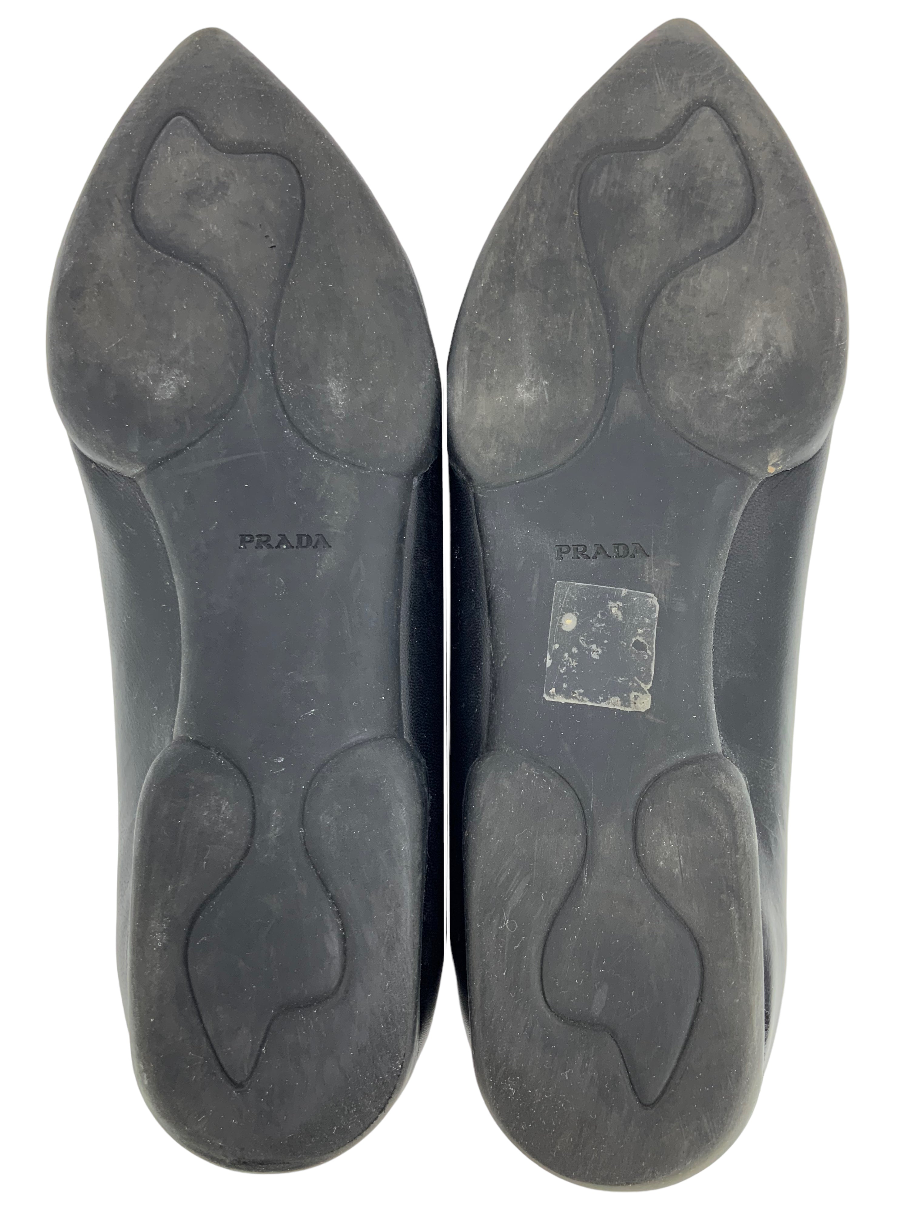 Prada Leather Pointed Toe Flats with Triangle Logo & Bow Detail - Women's Size 7 | Elegant Dress Shoes for Work, Wedding & Formal Occasions
