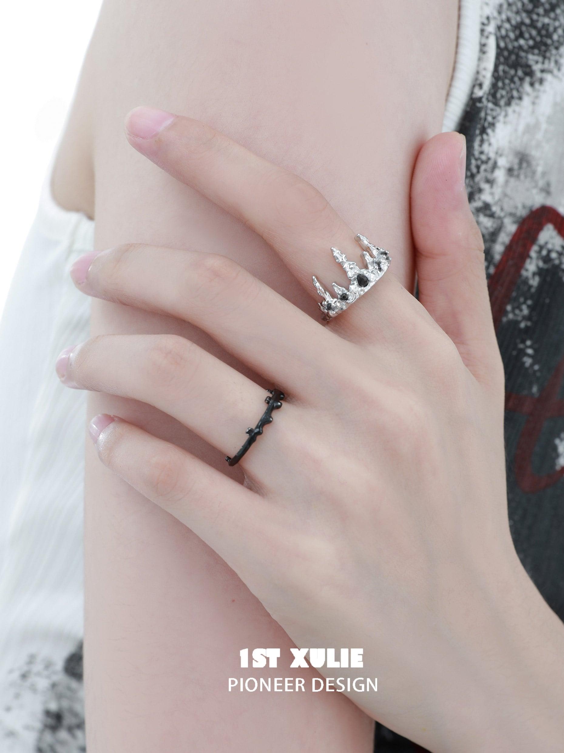 Sterling Silver S925 Detachable Crown Ring - Elegant Black Mirror Finish for Women, Perfect for Parties, Weddings & Special Occasions