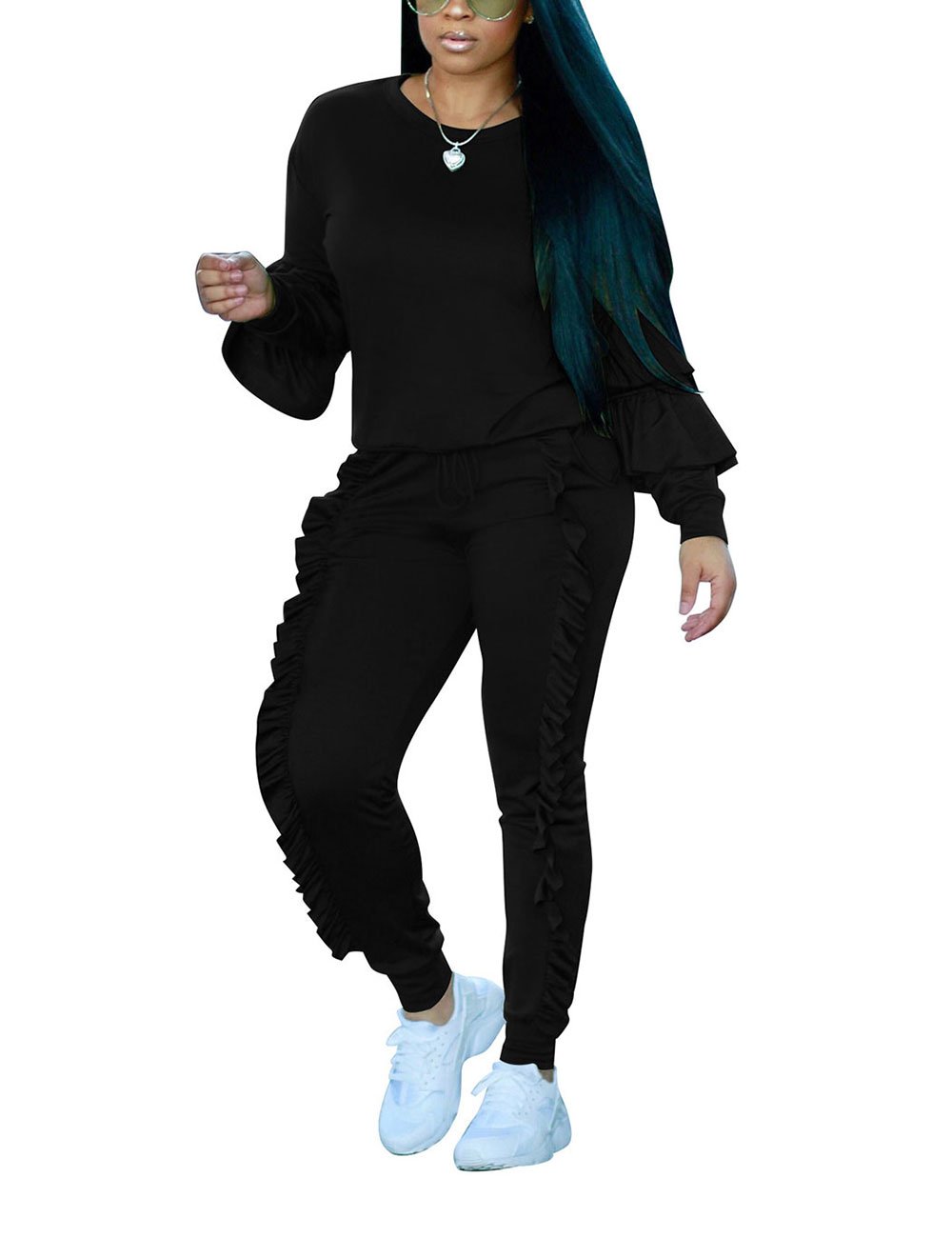 AKMIPOEM Women's 2-Piece Outfits - Ruffled Sleeve Sweatshirt & Long Pants Tracksuit Set | Casual Lounge Wear for Home, Gym & Street Fashion