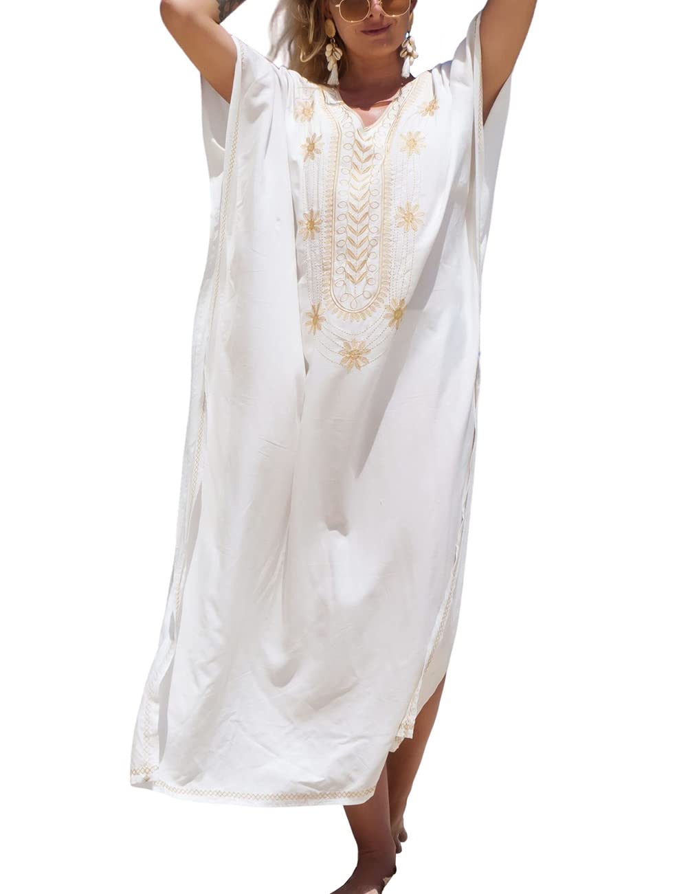 Bsubseach Women's Embroidered Short Sleeve Bikini Cover Up - Floral Beach Kaftan Dress with Side Slits for Pool, Vacation & Summer Outfits