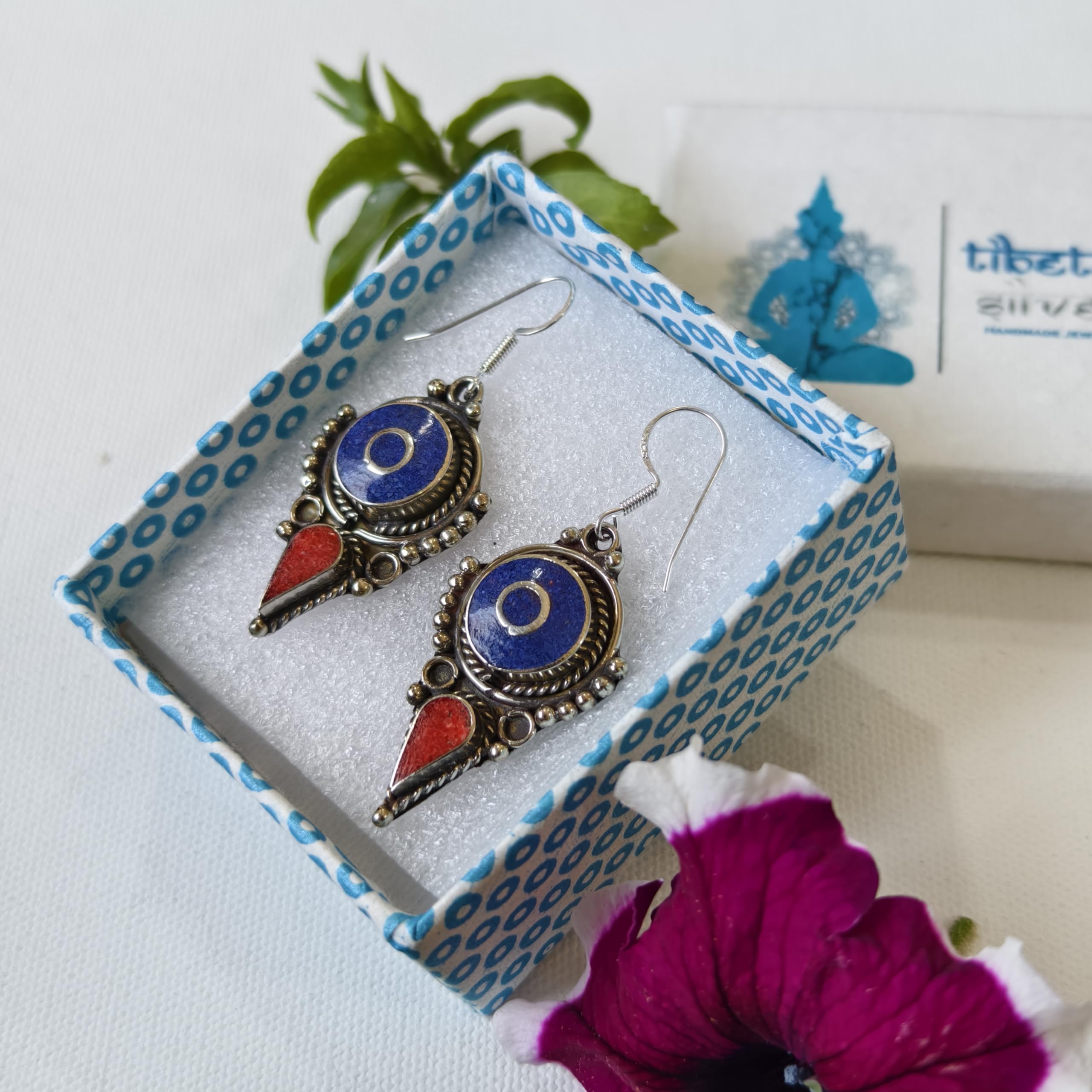 Handmade Coral & Lapis Lazuli Drop Earrings for Women - 925 Silver Plated Ethnic Designer Jewelry - Perfect Gift for Birthday, Anniversary & Special Occasions