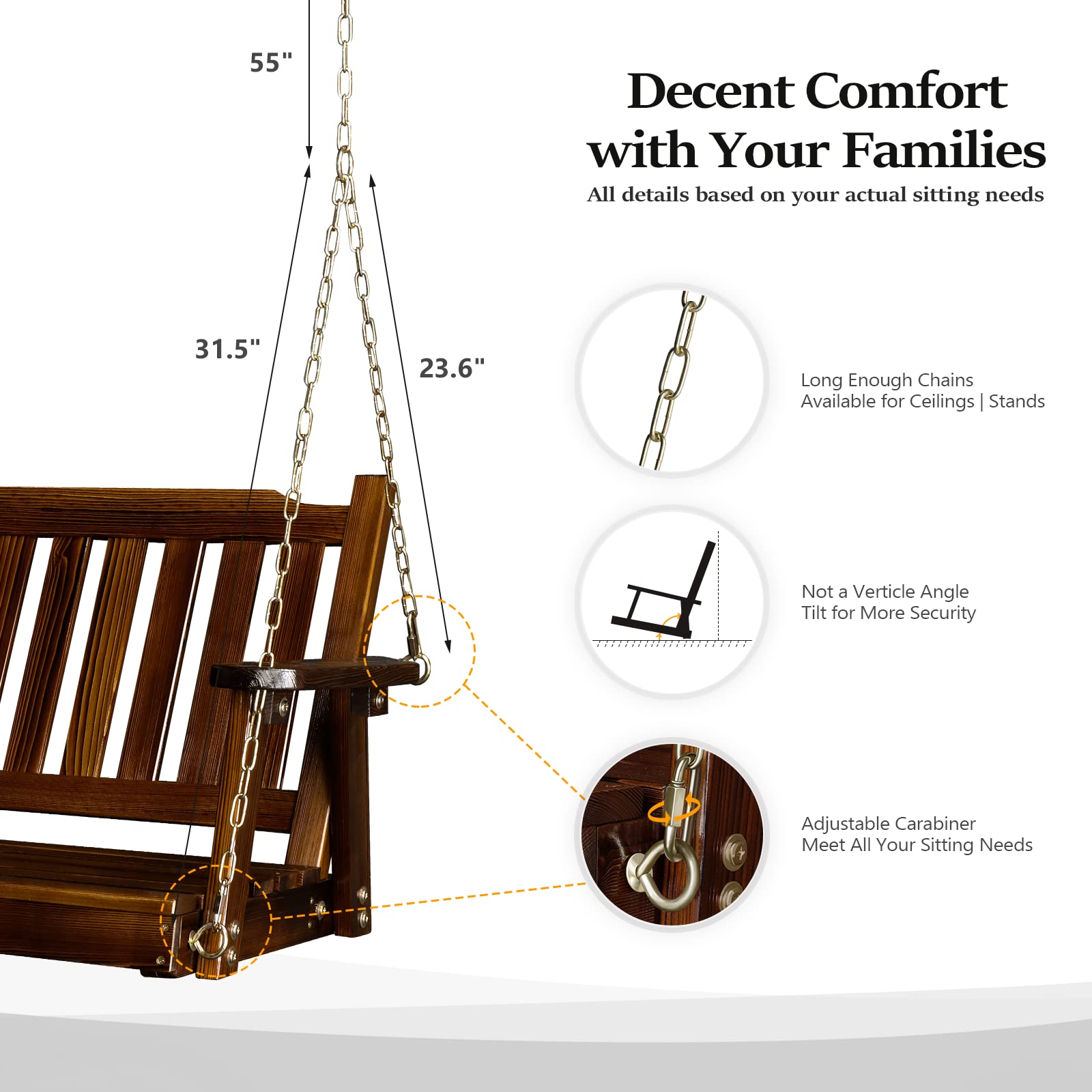VINGLI Upgraded Heavy Duty 880 LBS Capacity 4 FT Patio Swing - Solid Fir Wood Porch Swing with Rustic Design for Outdoor Garden, Yard, Balcony, or Tree - Perfect for Relaxing, Lounging, and Enjoying Nature