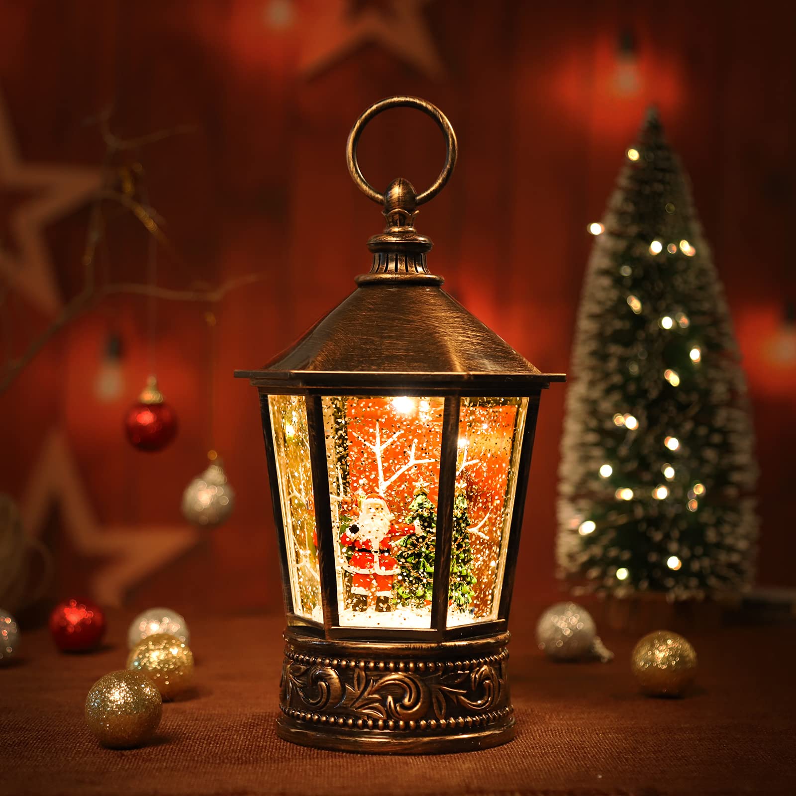 Santa Claus Musical Snow Globe Lantern with LED Lights & Timer - Christmas Holiday Decor for Home, Office, Party | Perfect Gift & Festive Decoration for Xmas Tree, Mantel, Table Centerpiece