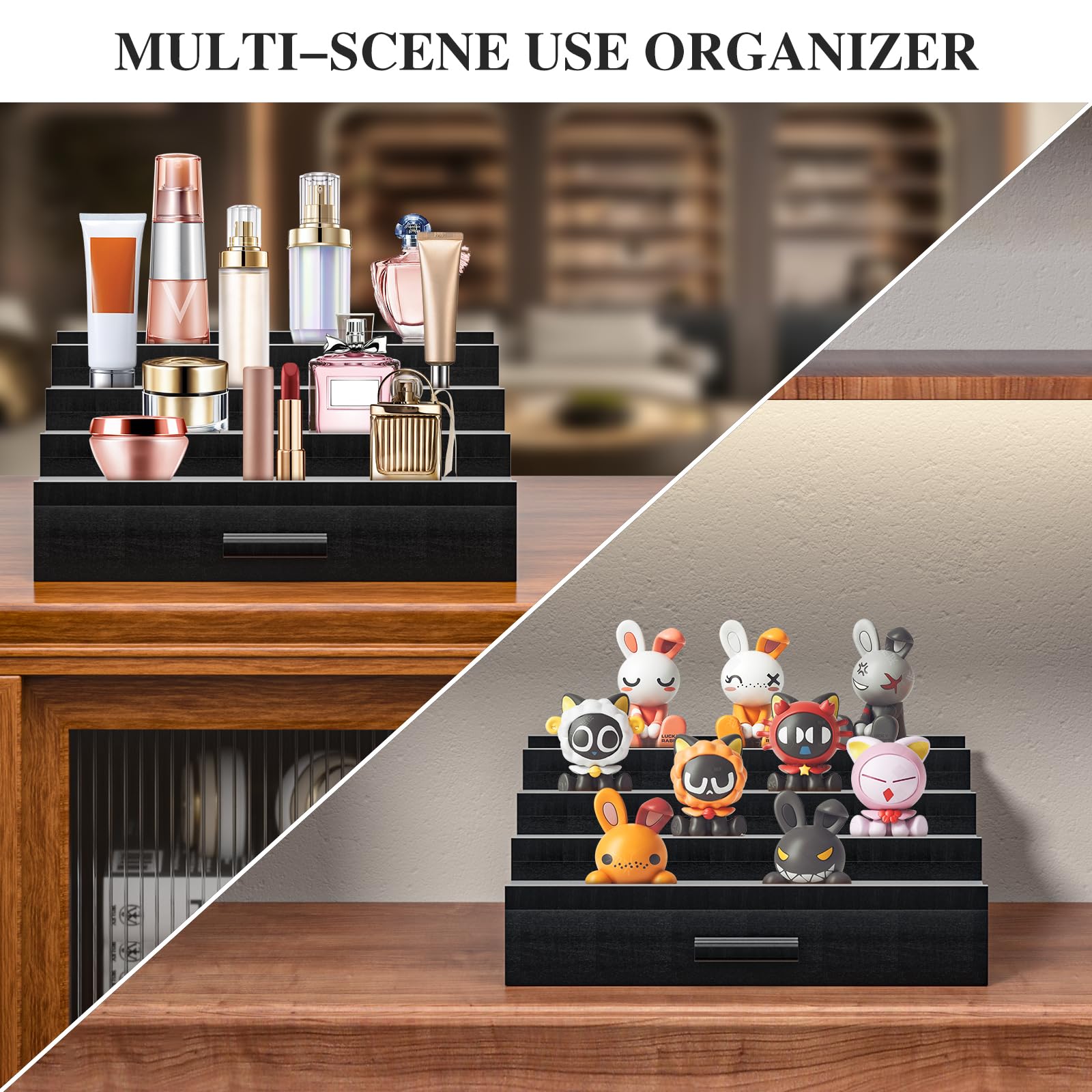 4-Tier Wooden Cologne Organizer for Men with Drawer Storage - Elevated Perfume Display Stand & Storage Riser - Perfect for Dresser, Bathroom, or Vanity - Great Gift Idea (Black)