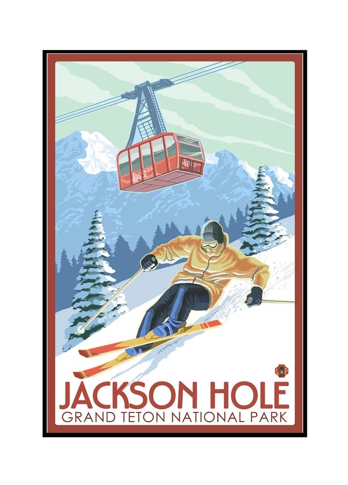 Jackson Hole Wyoming Grand Teton National Park Skiing Scenic Wall Art - 16x24 Stretched Canvas Print in Wooden Frame - Perfect for Living Room, Bedroom & Office Decor