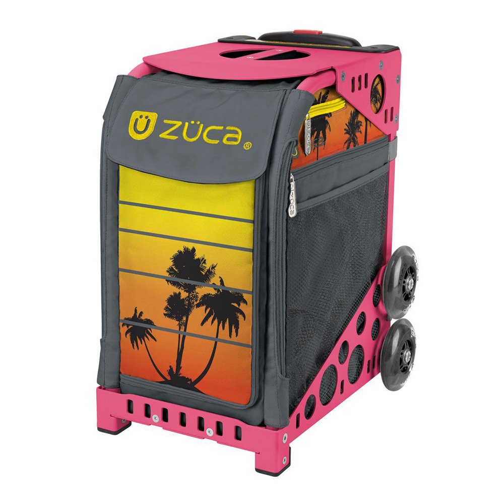 Zuca Palm Island Tropical Sunset Sport Bag with Pink Frame & LED Flashing Wheels - Durable Gym Bag for Women, Travel Duffel & Dance Competition Backpack - Perfect for Sports, Fitness & Beach Vacations