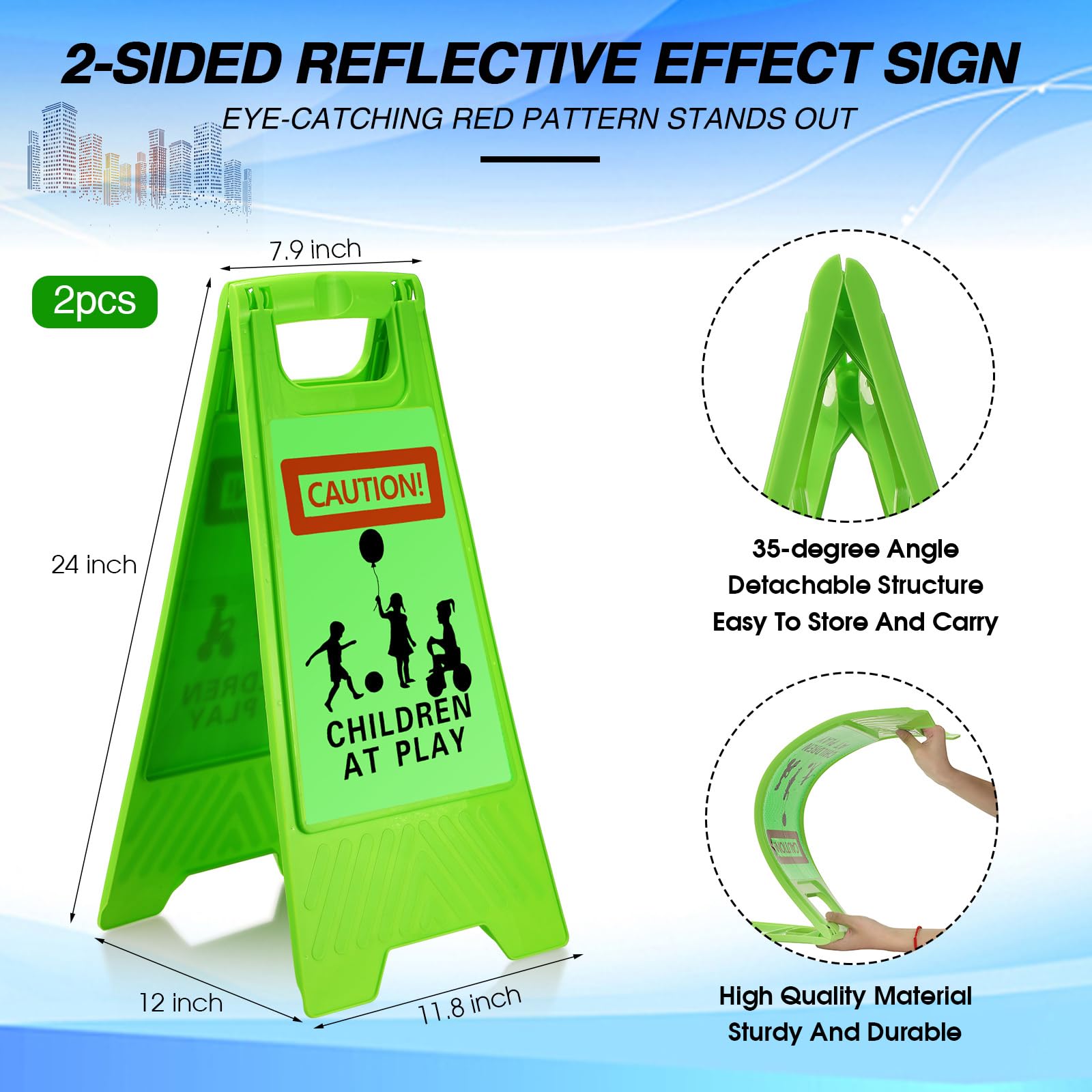 2 Pack Double-Sided 24 Inch Reflective Slow Down Kids at Play Signs - Portable Handle Safety Warning Boards for Streets, Neighborhoods, Schools & Parks - High Visibility Green for Day & Night Use - Perfect for Sidewalks, Driveways & Residential Areas