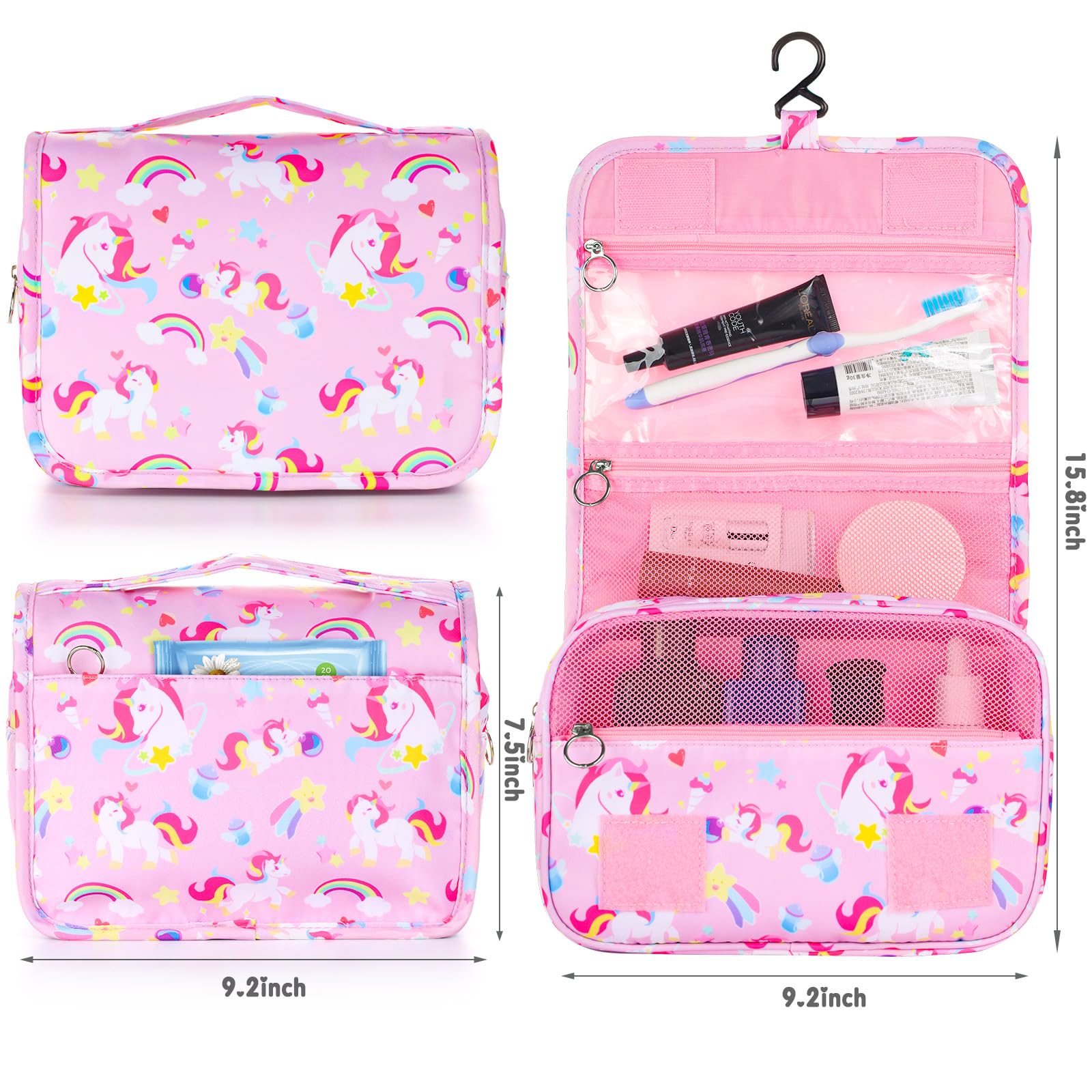 Unicorn Pink Waterproof Kids Hanging Toiletry Bag for Girls - Travel Cosmetic Makeup Wash Bag for Toddlers & Little Girls - Perfect for School Trips, Sleepovers, and Family Vacations