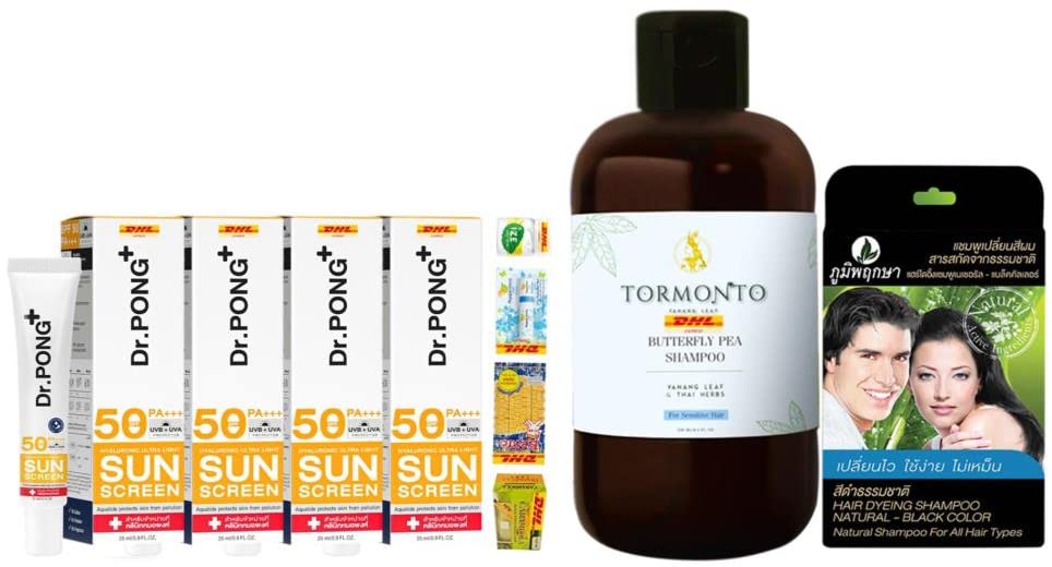 Dr.Pong Hyaluronic Ultra Set - 4 x 25ml Light Sunscreen + Tormonto Butterfly Pea Shampoo 250ml with Yanang Leaf Extract for Anti-Hair Loss | Fast DHL Express Shipping | Perfect for Daily Hair & Skin Care Routine | Free Beauty Gifts Included