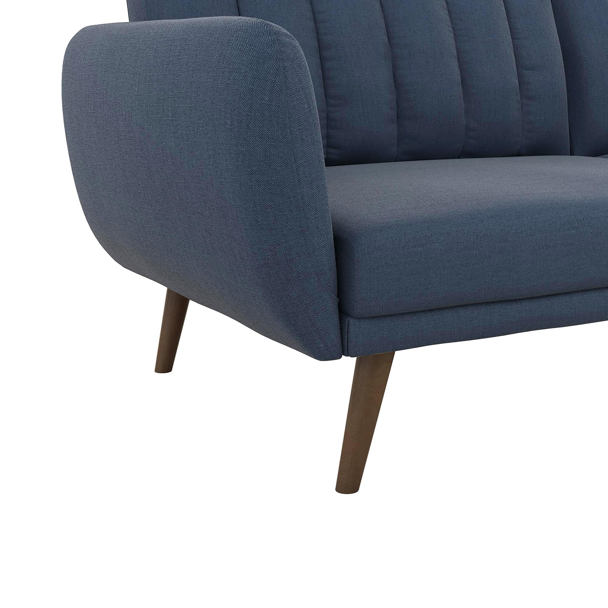 Novogratz Brittany Sofa Futon - Premium Linen Upholstery with Wooden Legs in Blue | Convertible Sleeper Sofa for Small Spaces, Living Room & Guest Room