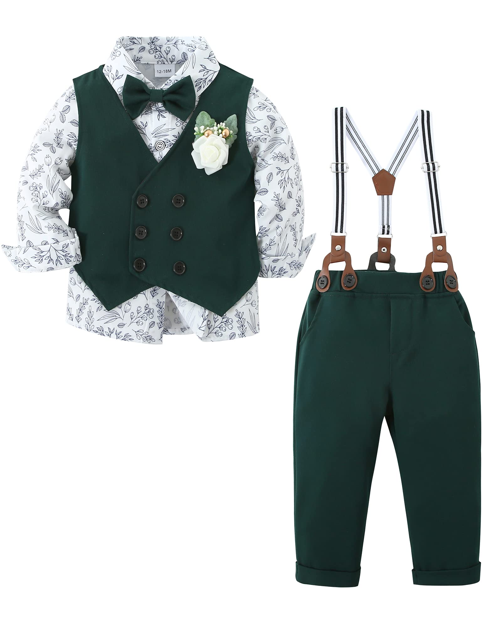 YALLET Toddler Baby Boy Formal Suit Set - Wedding Outfit with Dress Shirt, Bow Tie, Vest, Boutonniere & Suspenders | Perfect for Weddings, Christenings & Special Occasions