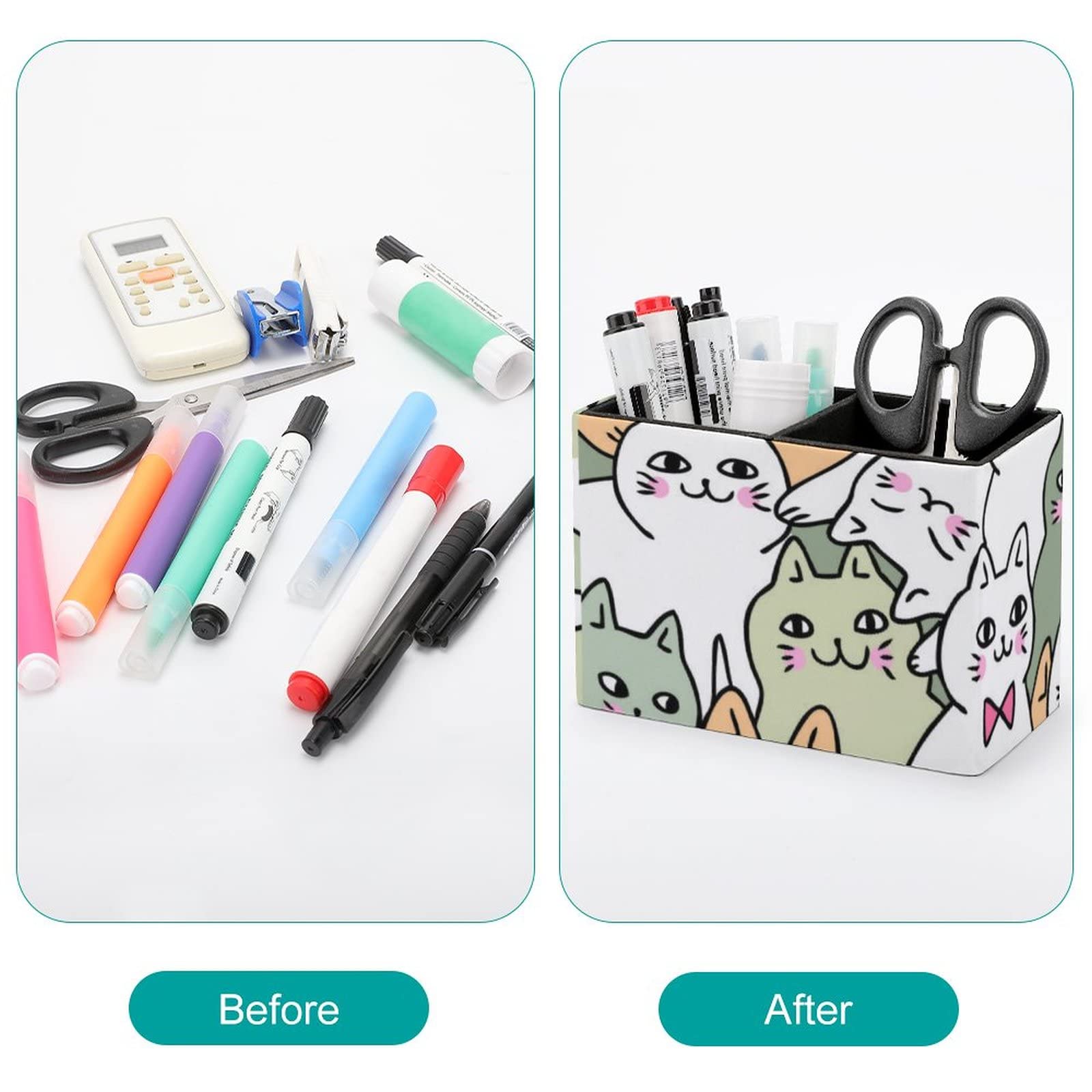 Cartoon Doodle Cats Pen Holder - Stylish Leather Desk Organizer for Pencils, Pens & Makeup Brushes | Perfect for Office, School & College Workspaces