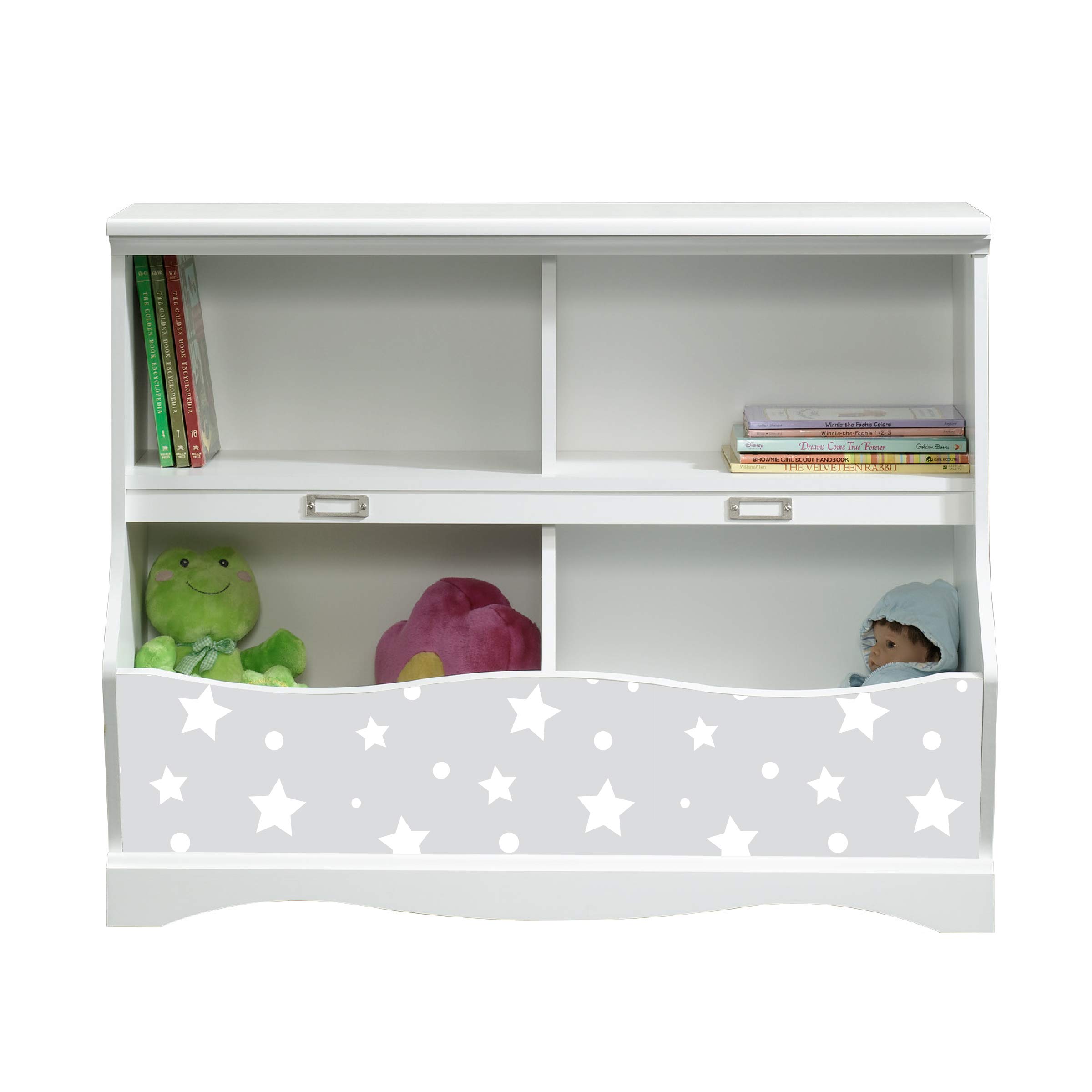 LifeSong Milestones Bookcase Footboard with Cubbyhole - Kids Book Storage Organizer, Toy Shelf for Playroom, Nursery & Bedroom - Soft White Finish with Stars (Grey) | Perfect for Organizing Toys, Books & Decor in Children's Rooms