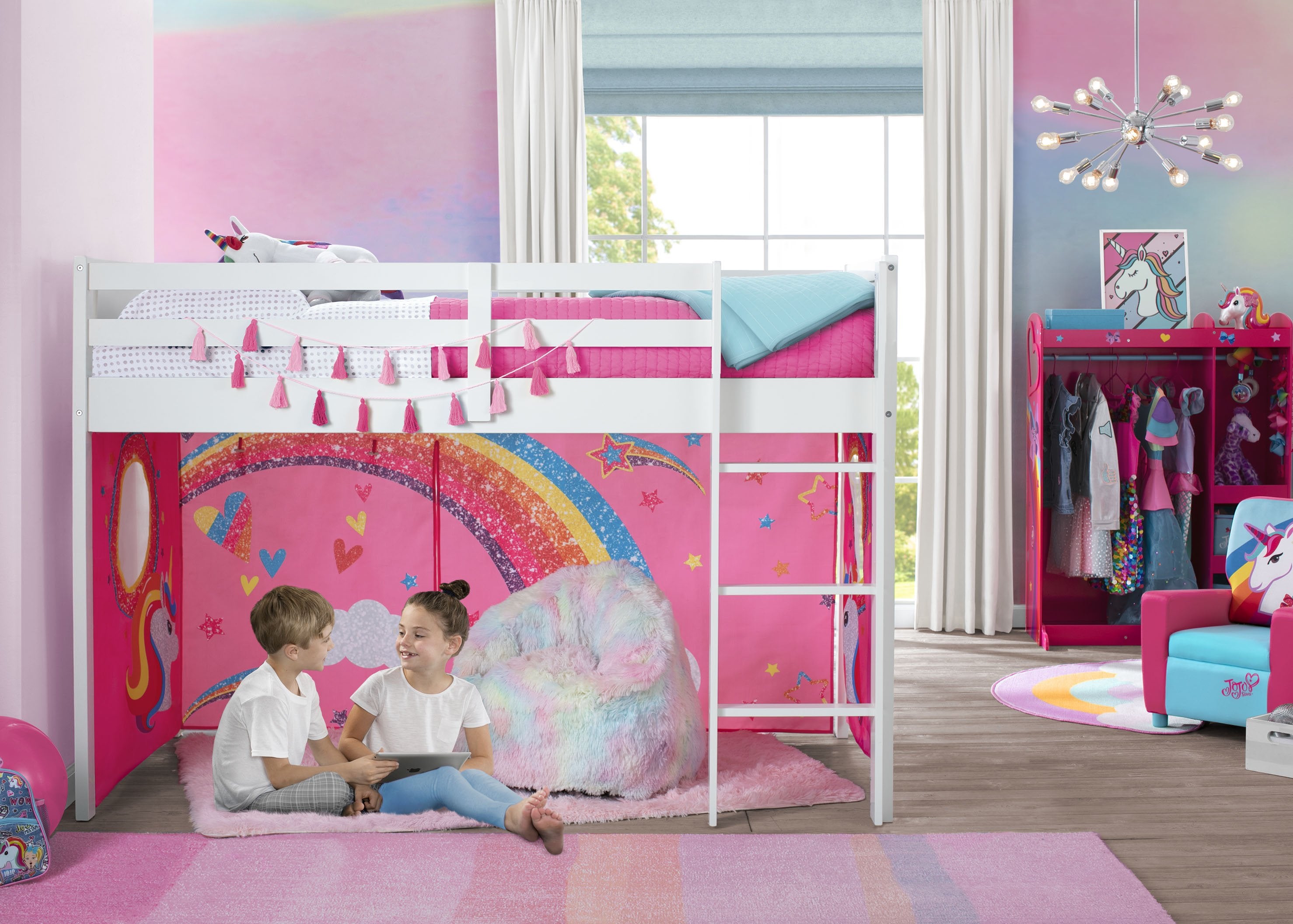 JoJo Siwa Twin Loft Bed Tent & Curtain Set - Pink Glitter Canopy for Kids Room Decor (Bed Sold Separately) - Perfect for Sleepovers, Playtime & Princess Themed Bedrooms