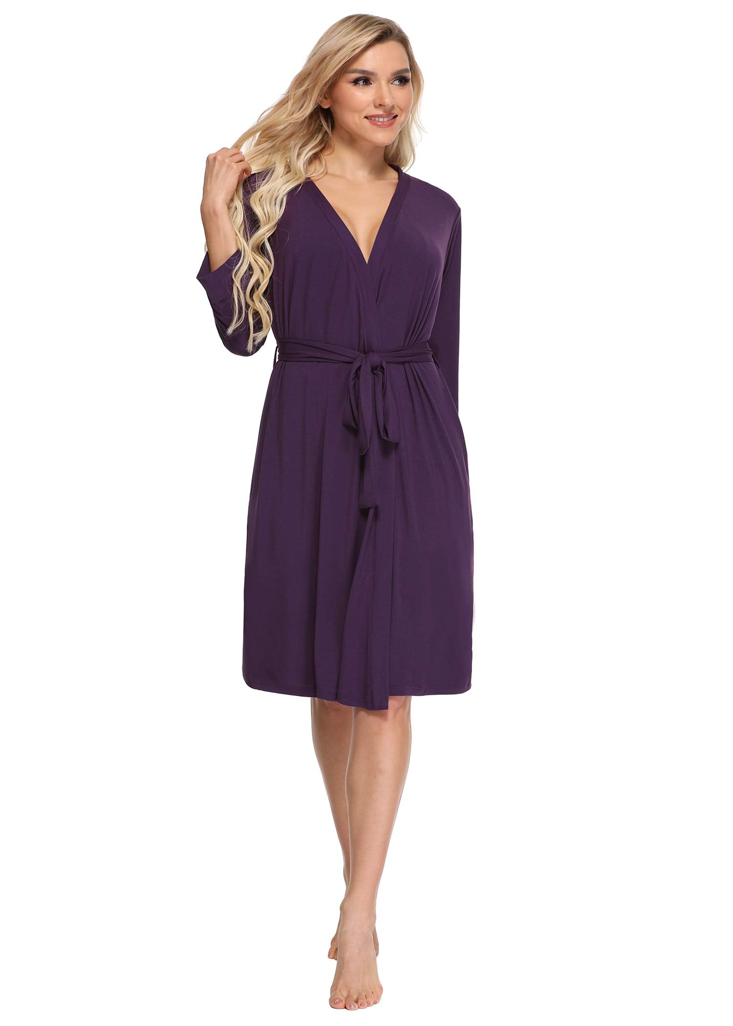 Women's Soft Bamboo Viscose 3/4 Sleeve Kimono Robe with Pockets - Lightweight Lounge Wear for Home, Spa & Vacation