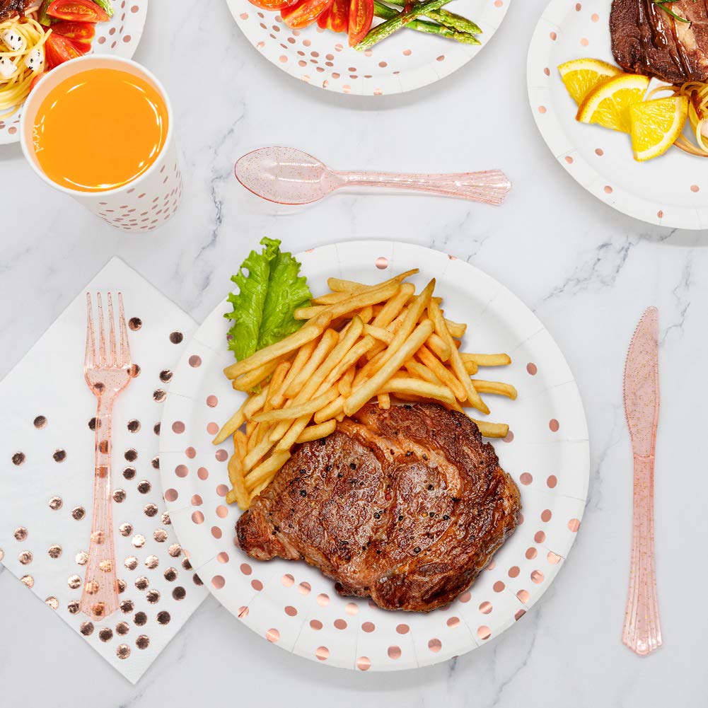 350-Piece White & Rose Gold Disposable Dinnerware Set - Elegant Paper Plates, Napkins, Cups & Plastic Cutlery for Women's Birthday, Graduation, Bridal Shower, Engagement & Wedding Parties | Perfect for Elegant Celebrations and Special Occasions
