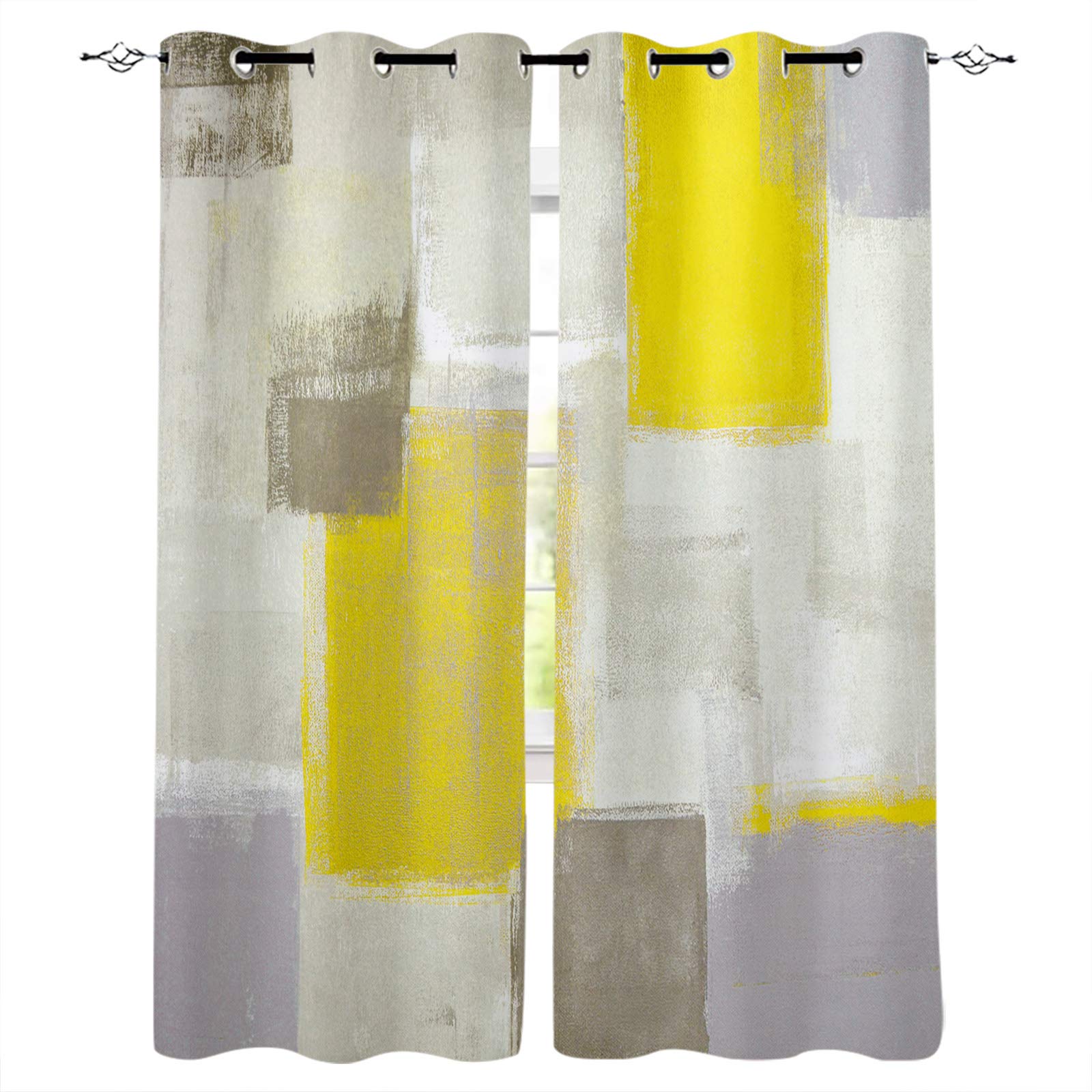Yellow Gray Gradient Abstract Art Insulated Grommet Curtains - Noise Reducing Thermal Blackout Drapes for Kitchen, Living Room & Bedroom | Modern Geometric Textured Window Treatment for Home Decor & Wall Art