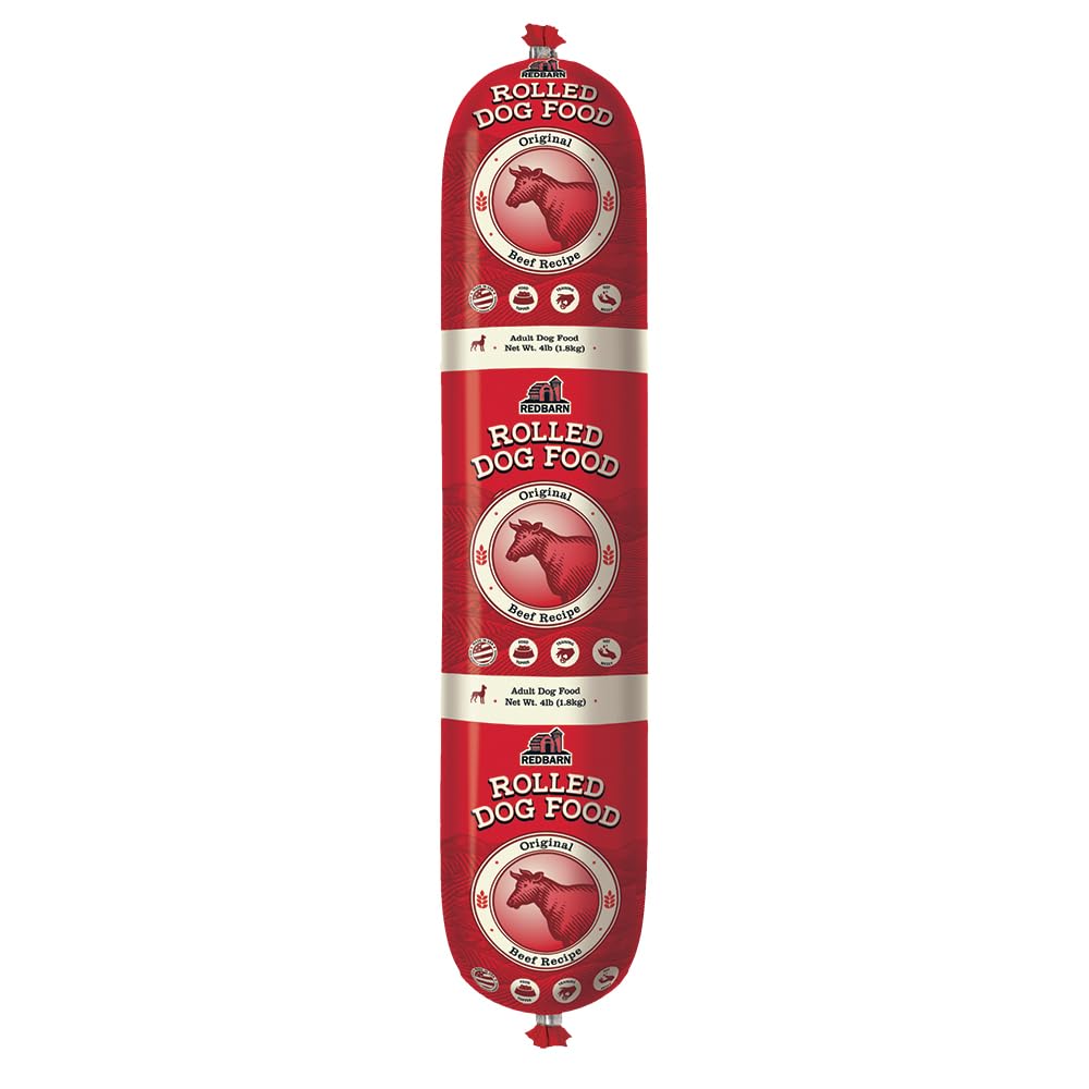 Redbarn Premium Rolled Dog Food - High Protein Beef Recipe for Dogs - Semi-Moist Balanced Meal with Functional Ingredients - 4lb (8 Rolls) - Ideal as Full Feed, Training Treat, Pill Pouch or Food Topper - Perfect for Active Dogs, Puppy Training & Senior Dog Nutrition