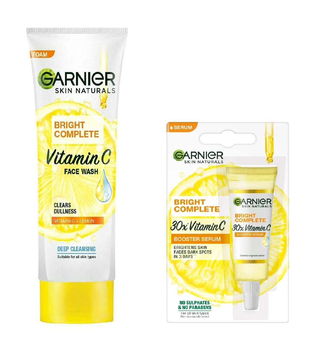 Garnier Bright Complete Vitamin C Foam Face Wash 100g & Vitamin C Serum 7ml Set - Brightening Skincare Combo for Dark Spots & Glowing Skin | Perfect for Morning & Night Routine