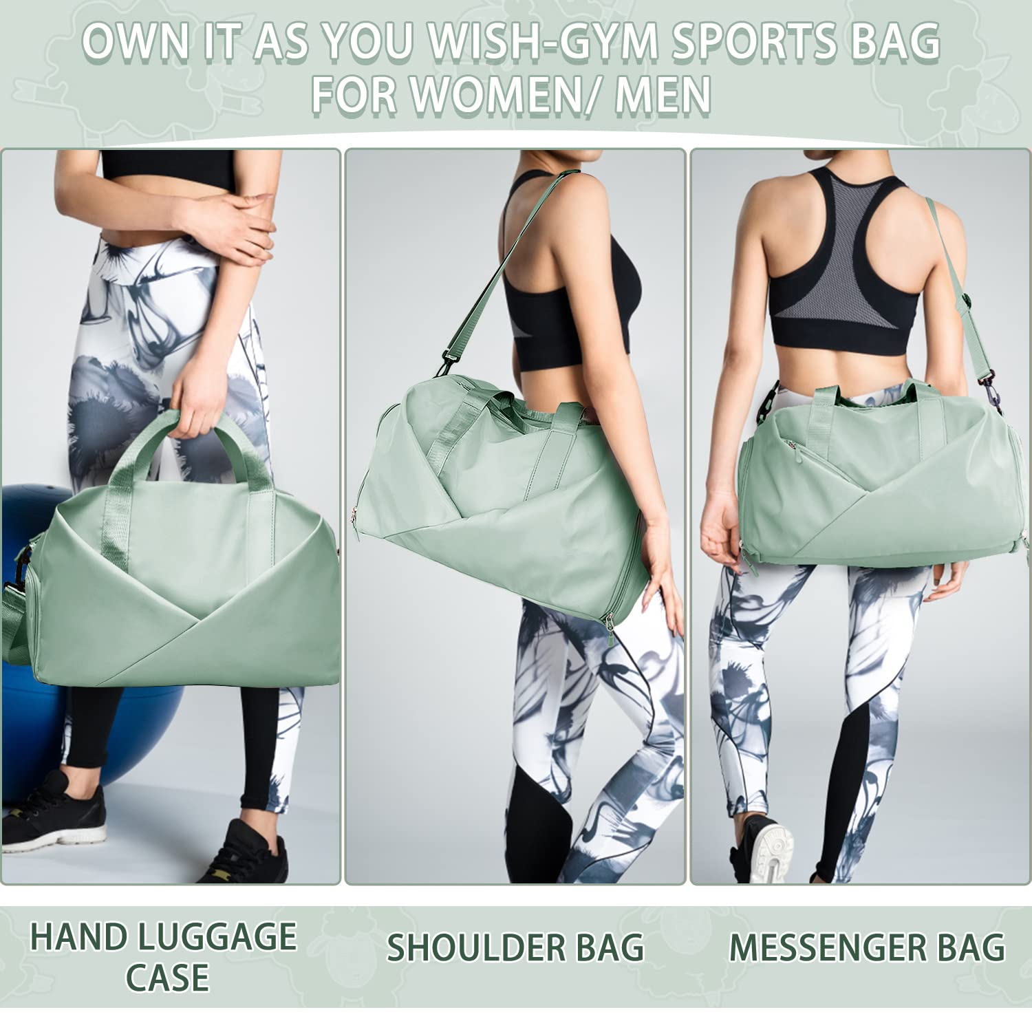 KKUYT 35L Waterproof Gym & Travel Duffel Bag for Women & Men - Dry/Wet Separated Compartments, Shoe Pocket - Perfect for Sports, Airplane Carry-On & Weekend Trips (Green)