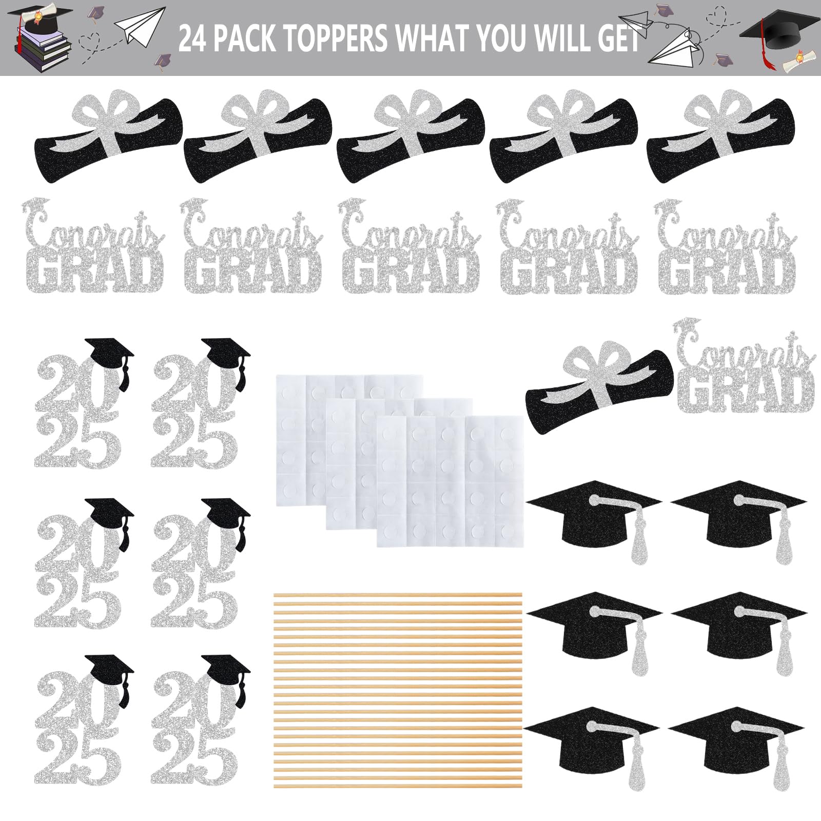 2025 Silver Graduation Party Centerpieces - Elegant Table Decorations & Centerpiece Sticks for Graduation Ceremonies, Parties, and Celebrations - Perfect for Class of 2025 Decor
