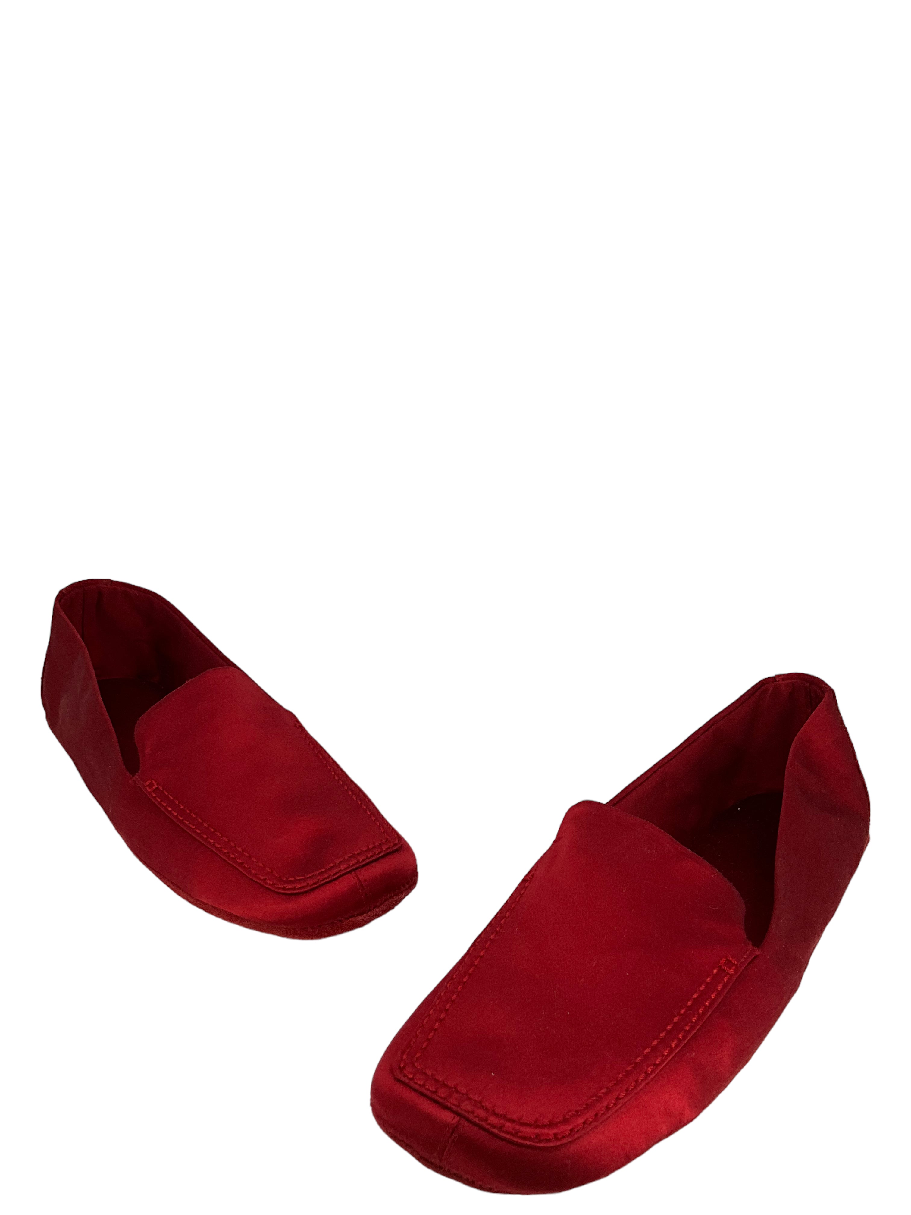 Prada Red Satin Ballet Flats Women's Size 10 with Matching Travel Bag - Elegant Comfort for Work, Travel and Special Occasions