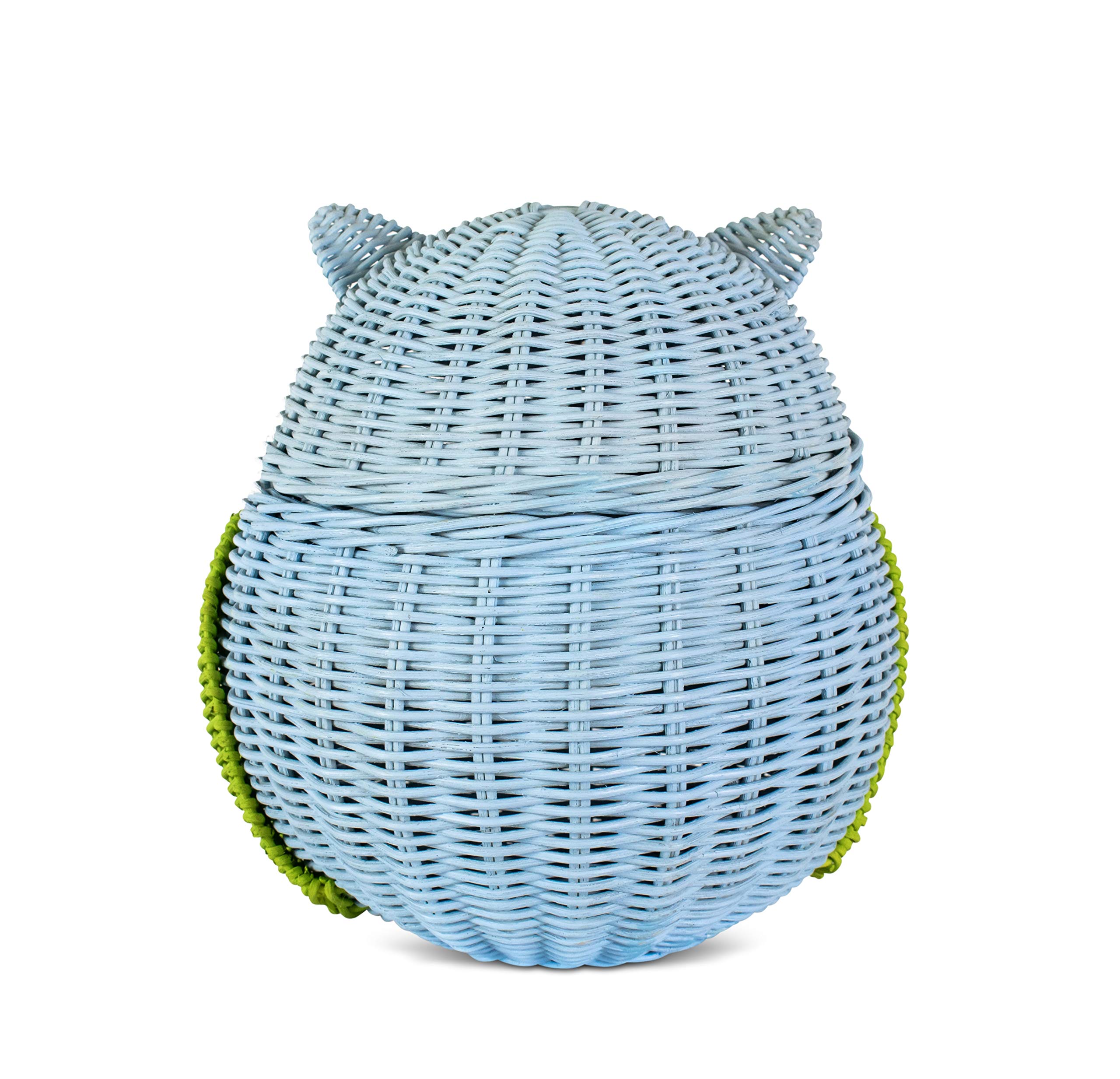 Handwoven Owl Rattan Storage Basket with Lid - Large Blue Wicker Organizer for Home Decor, Shelf Storage & Gift | Perfect for Nursery, Living Room & Bathroom Organization