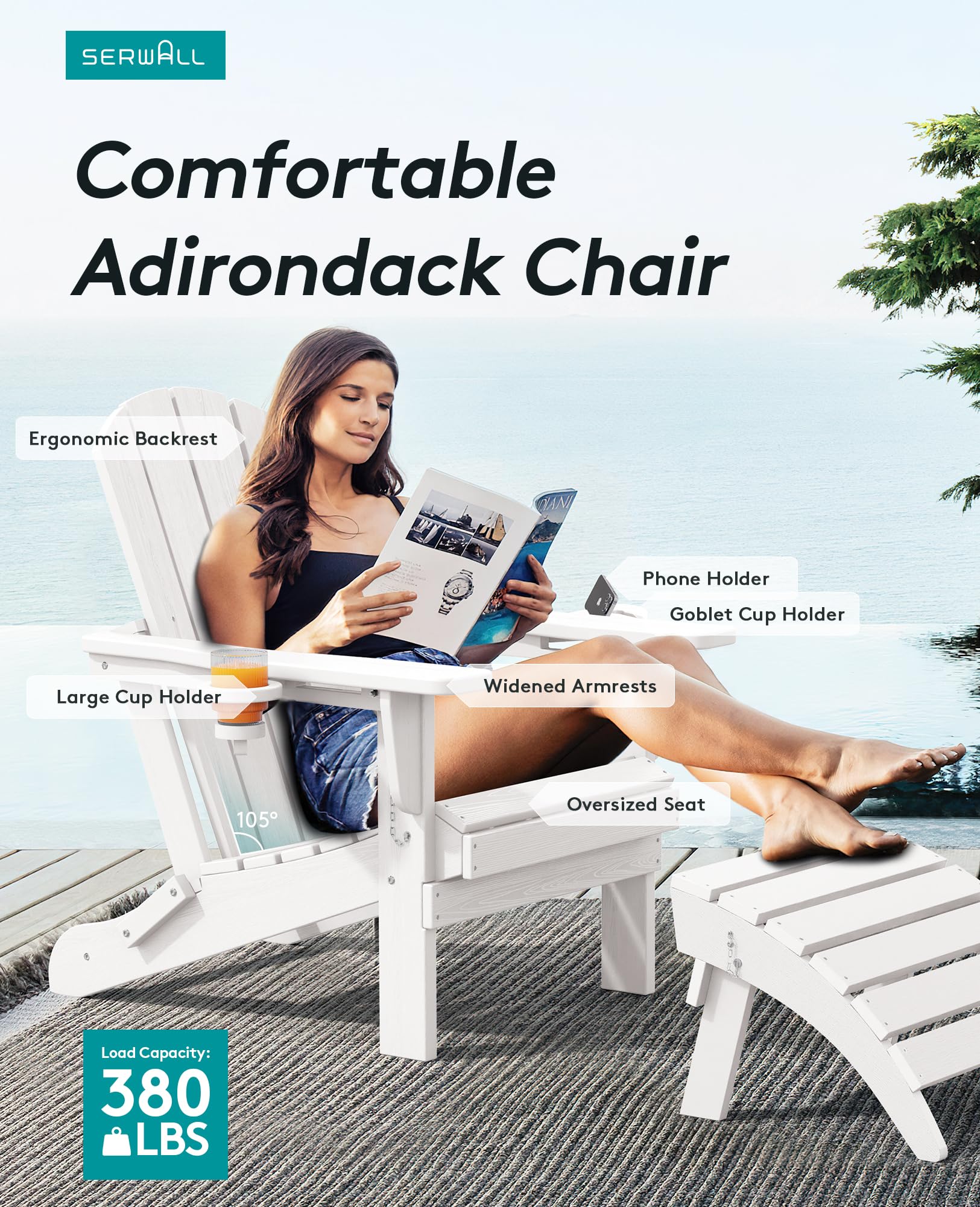 Premium SERWALL Adirondack Chair with Cup Holders - Durable HDPE Composite Outdoor Patio Furniture - All-Weather Resistant White Lounge Chair for Backyard, Poolside & Garden Relaxation