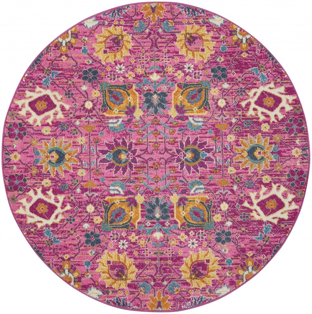 HomeRoots 100% Polypropylene 5-Foot Round Fuchsia & Orange Distressed Area Rug - Soft Boho Chic Floor Mat for Living Room, Bedroom & Dorm Decor