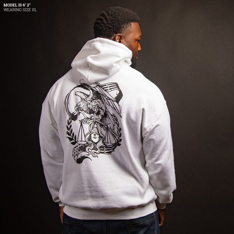 Liberty & Justice Hoodie - White | Patriotic American Pullover Sweatshirt for Men & Women | Perfect for 4th of July, Veterans Day & Casual Wear